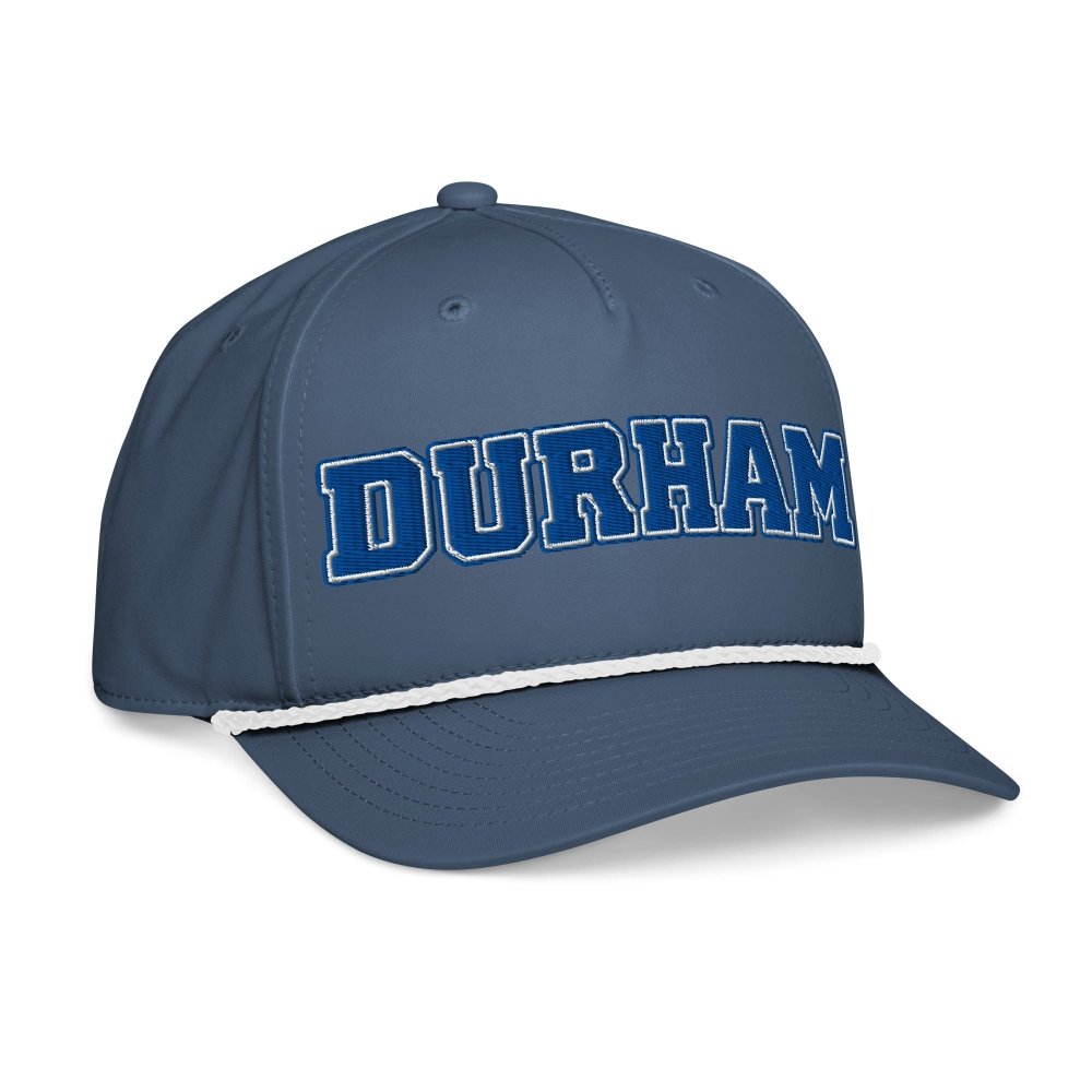 Opposite angled front view of navy HAGS Durham North Carolina rope hat, showing blue DURHAM lettering.
