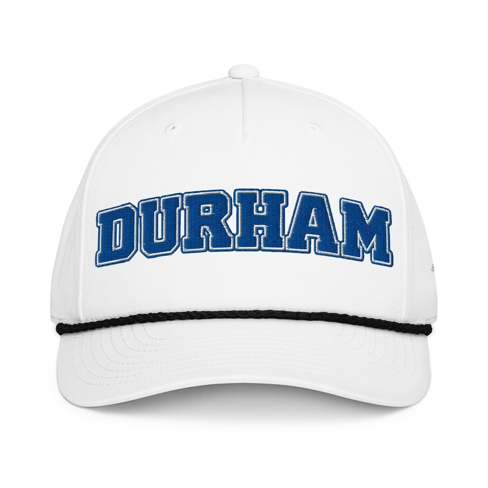 Front view of white HAGS Durham North Carolina rope hat, showing blue DURHAM lettering.