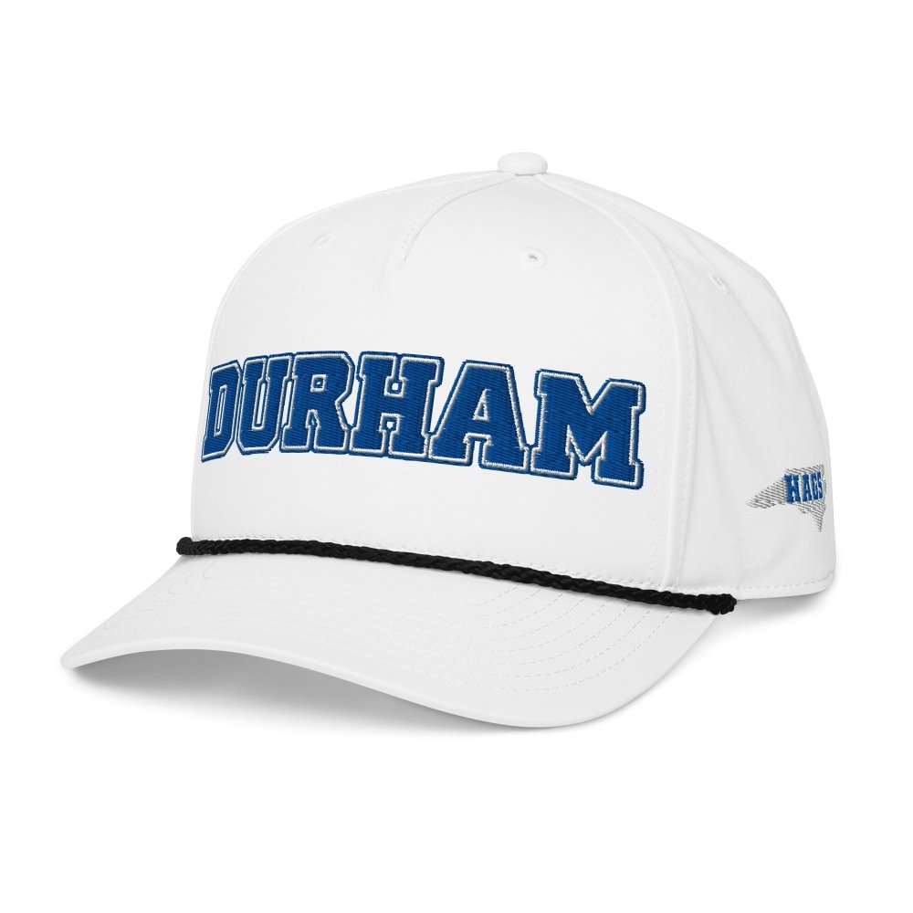 Angled front view of white HAGS Durham North Carolina rope hat, showing blue DURHAM lettering.