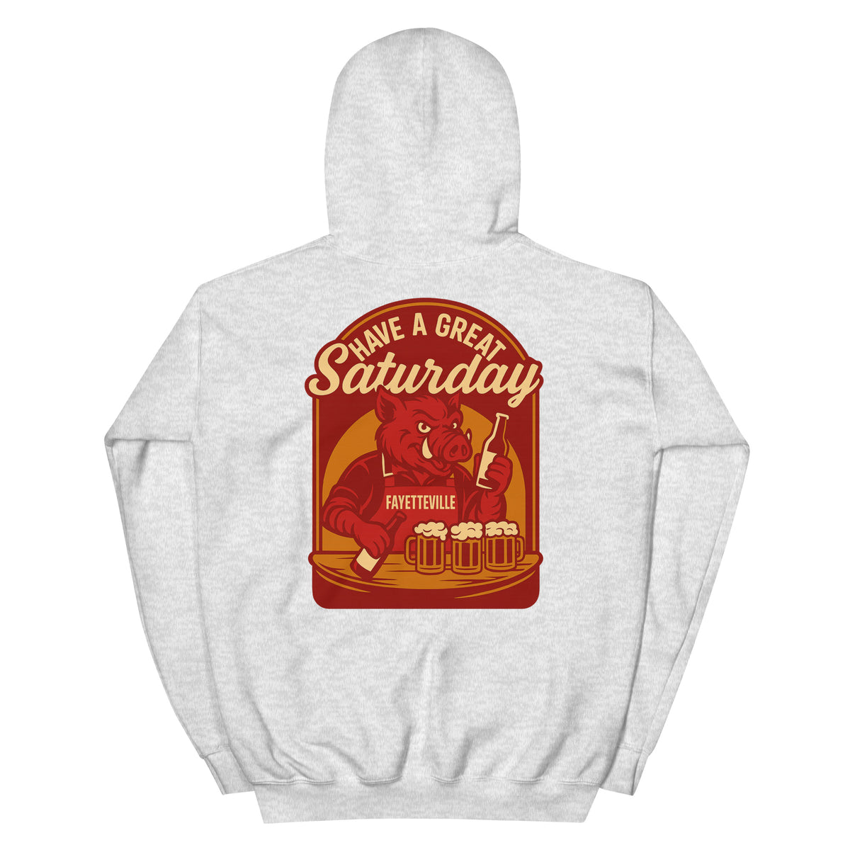 Back view of ash HAGS Fayetteville Arkansas bartender hoodie, showing red "Have a Great Saturday" hog bartender graphic.