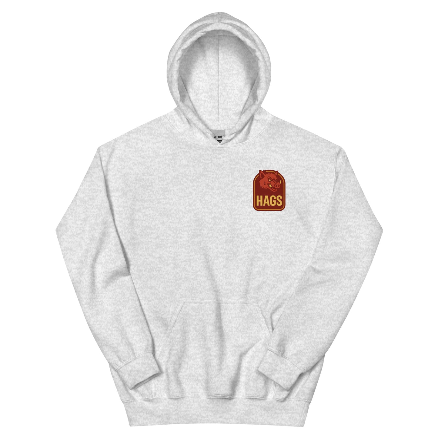 Front view of ash HAGS Fayetteville Arkansas bartender hoodie, showing small HAGS chest graphic.