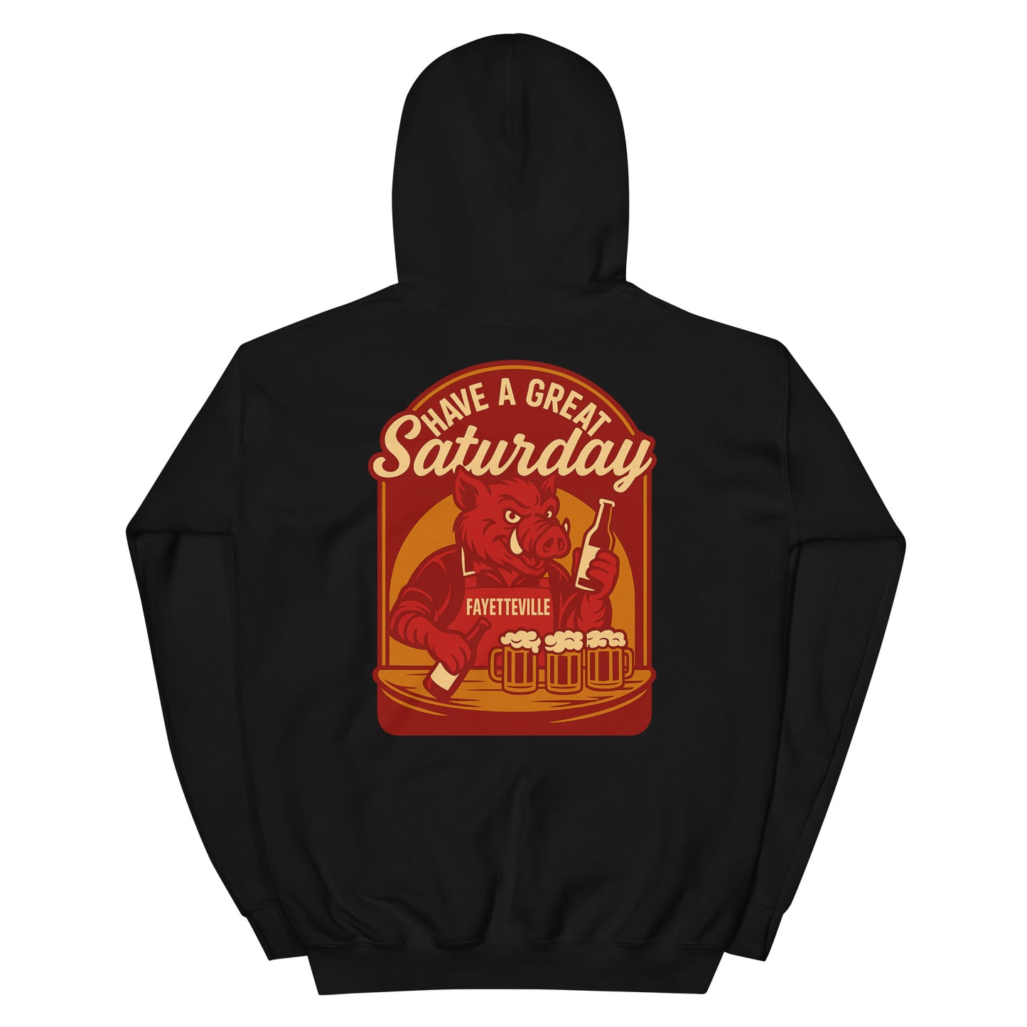 Back view of black HAGS Fayetteville Arkansas bartender hoodie, showing red "Have a Great Saturday" hog bartender graphic.