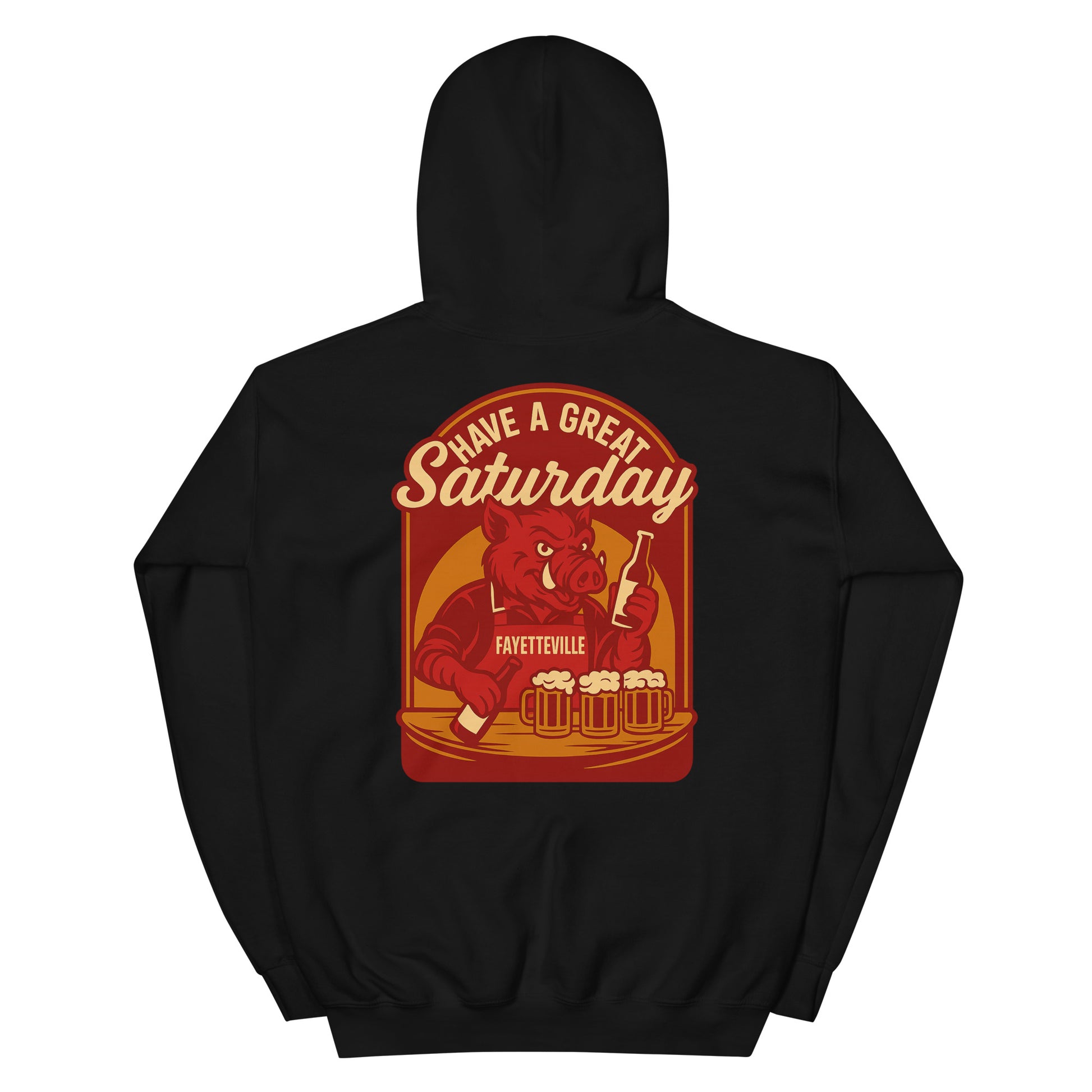 Back view of black HAGS Fayetteville Arkansas bartender hoodie, showing red "Have a Great Saturday" hog bartender graphic.