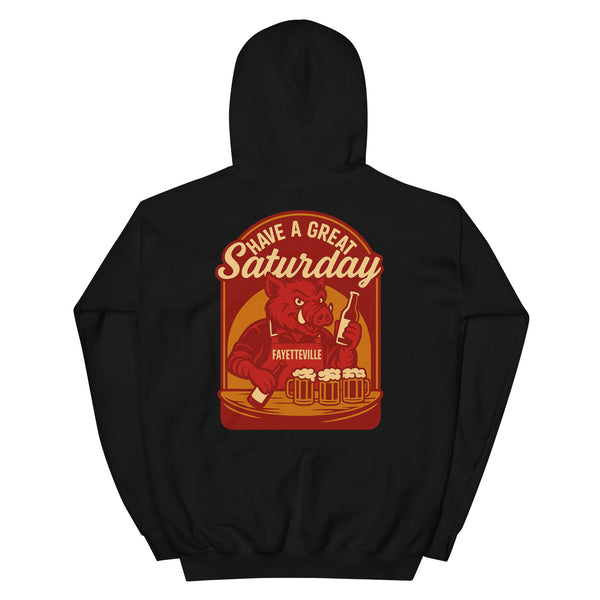 Back view of black HAGS Fayetteville Arkansas bartender hoodie, showing red "Have a Great Saturday" hog bartender graphic.