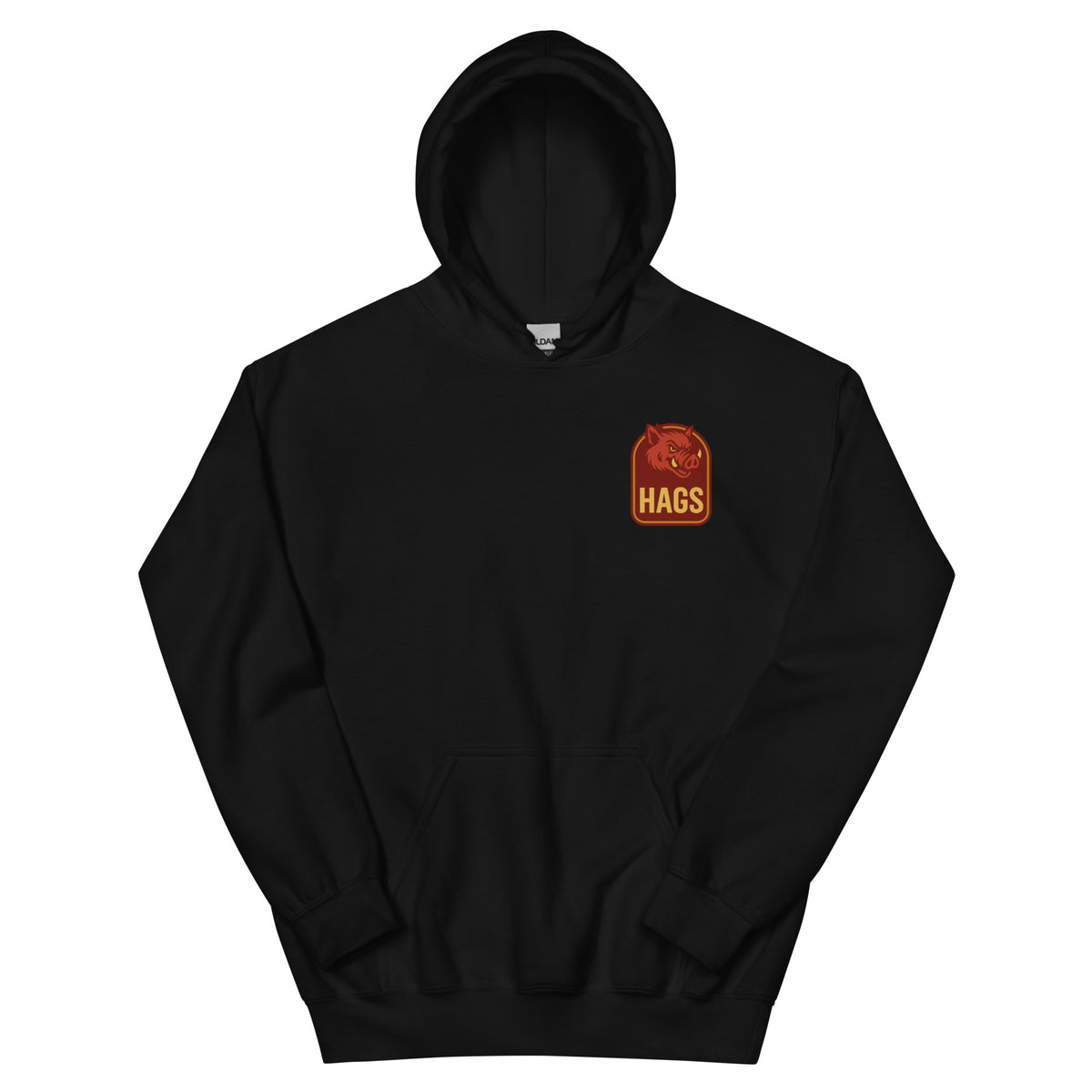 Front view of black HAGS Fayetteville Arkansas bartender hoodie, showing small HAGS chest graphic.
