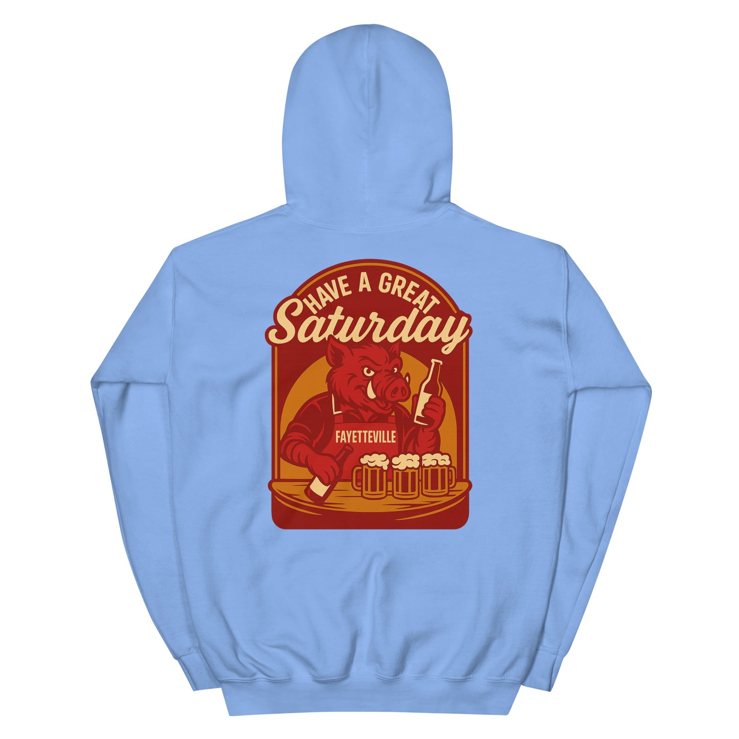Back view of carolina blue HAGS Fayetteville Arkansas bartender hoodie, showing red "Have a Great Saturday" hog bartender graphic.