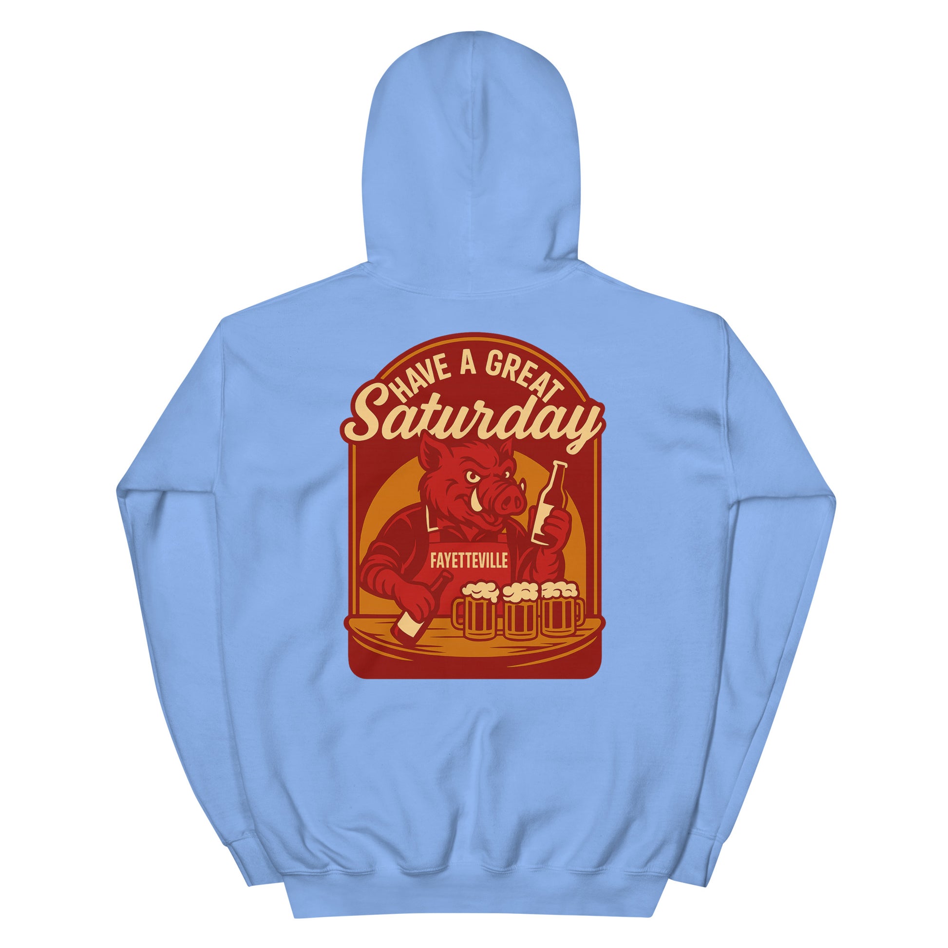 Back view of carolina blue HAGS Fayetteville Arkansas bartender hoodie, showing red "Have a Great Saturday" hog bartender graphic.