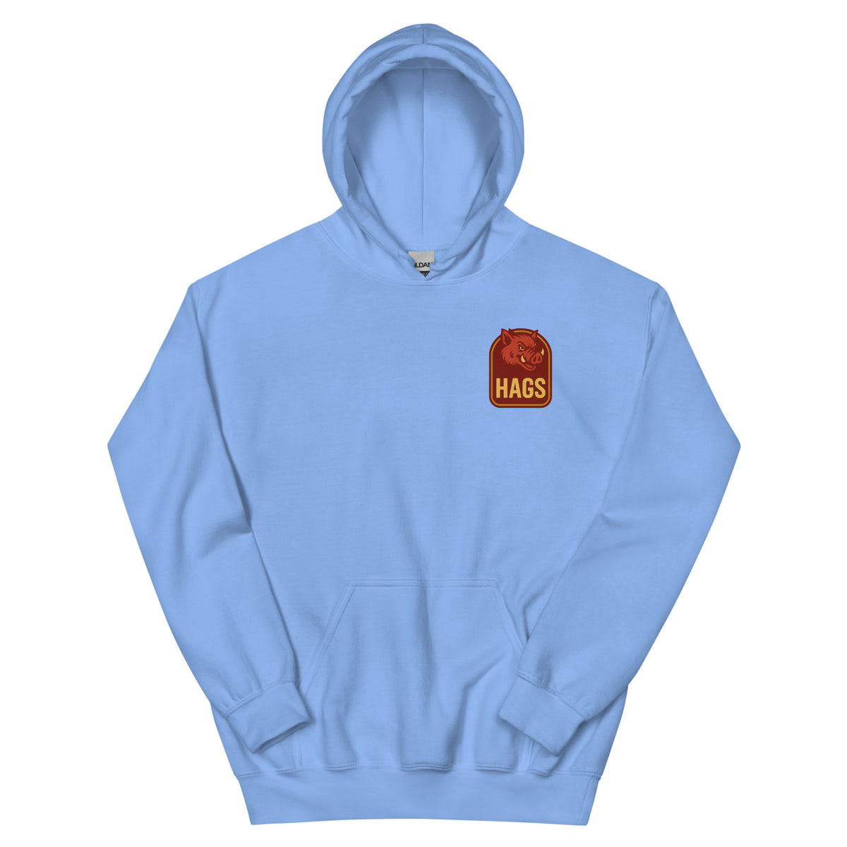 Front view of carolina blue HAGS Fayetteville Arkansas bartender hoodie, showing small HAGS chest graphic.