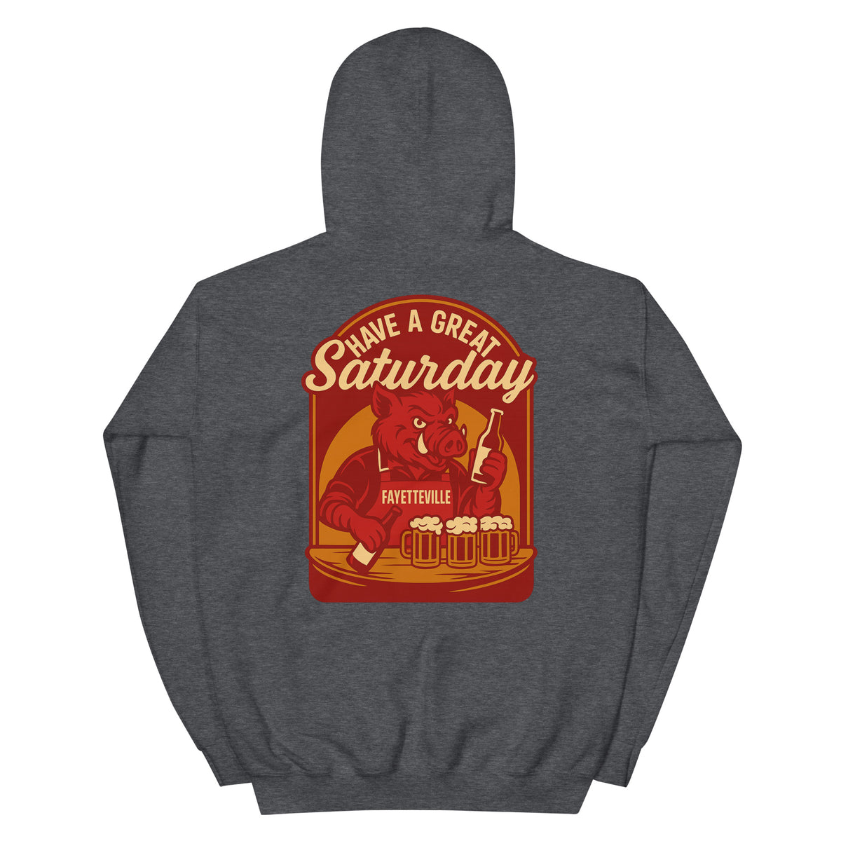 Back view of dark heather HAGS Fayetteville Arkansas bartender hoodie, showing red "Have a Great Saturday" hog bartender graphic.