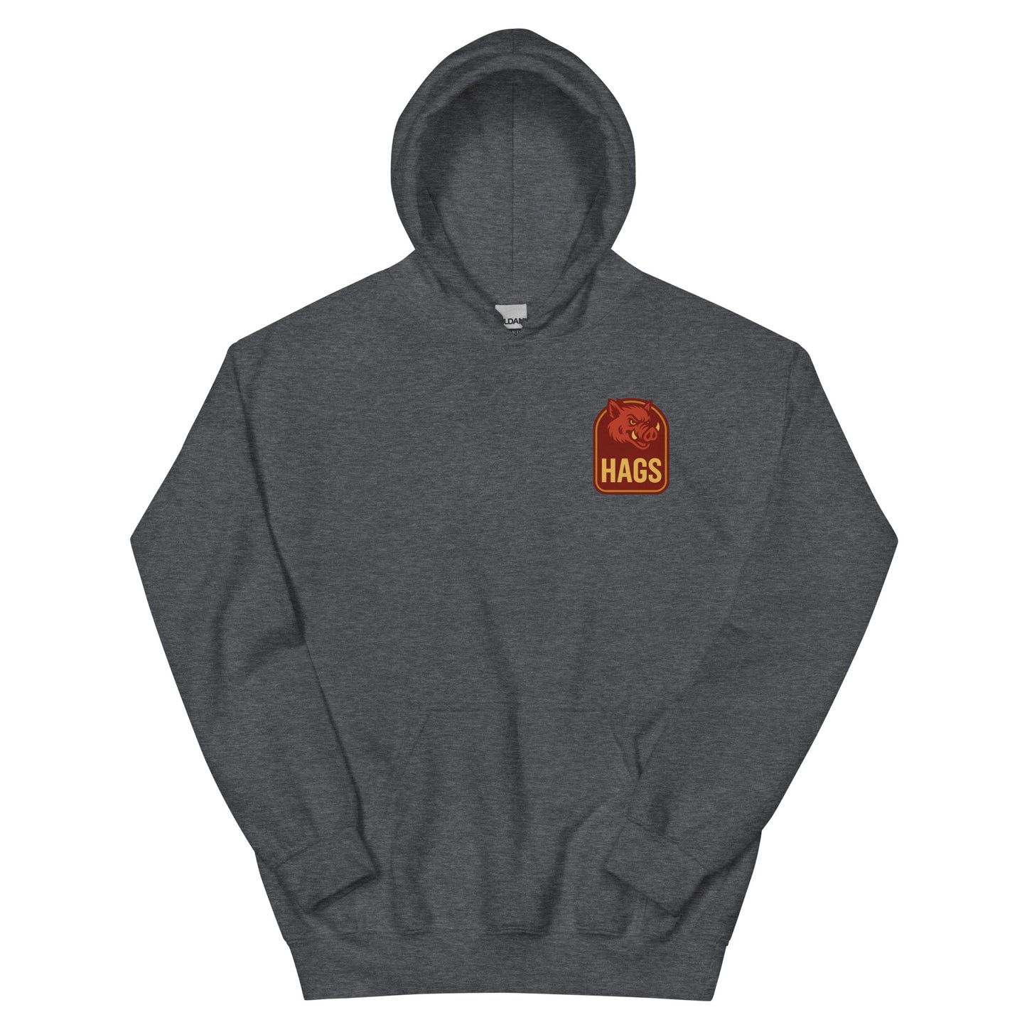 Front view of dark heather HAGS Fayetteville Arkansas bartender hoodie, showing small HAGS chest graphic.
