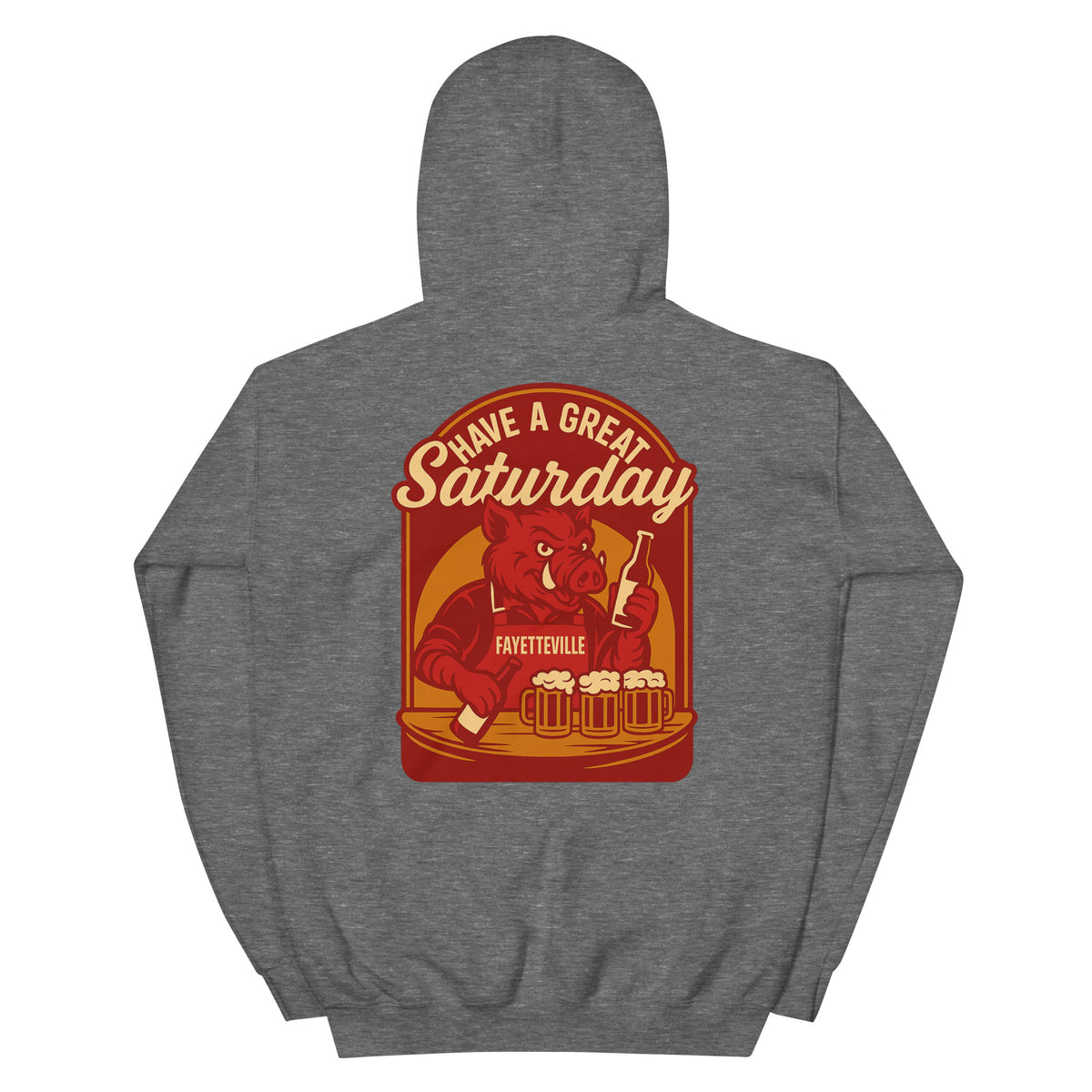 Back view of graphite heather HAGS Fayetteville Arkansas bartender hoodie, showing red "Have a Great Saturday" hog bartender graphic.