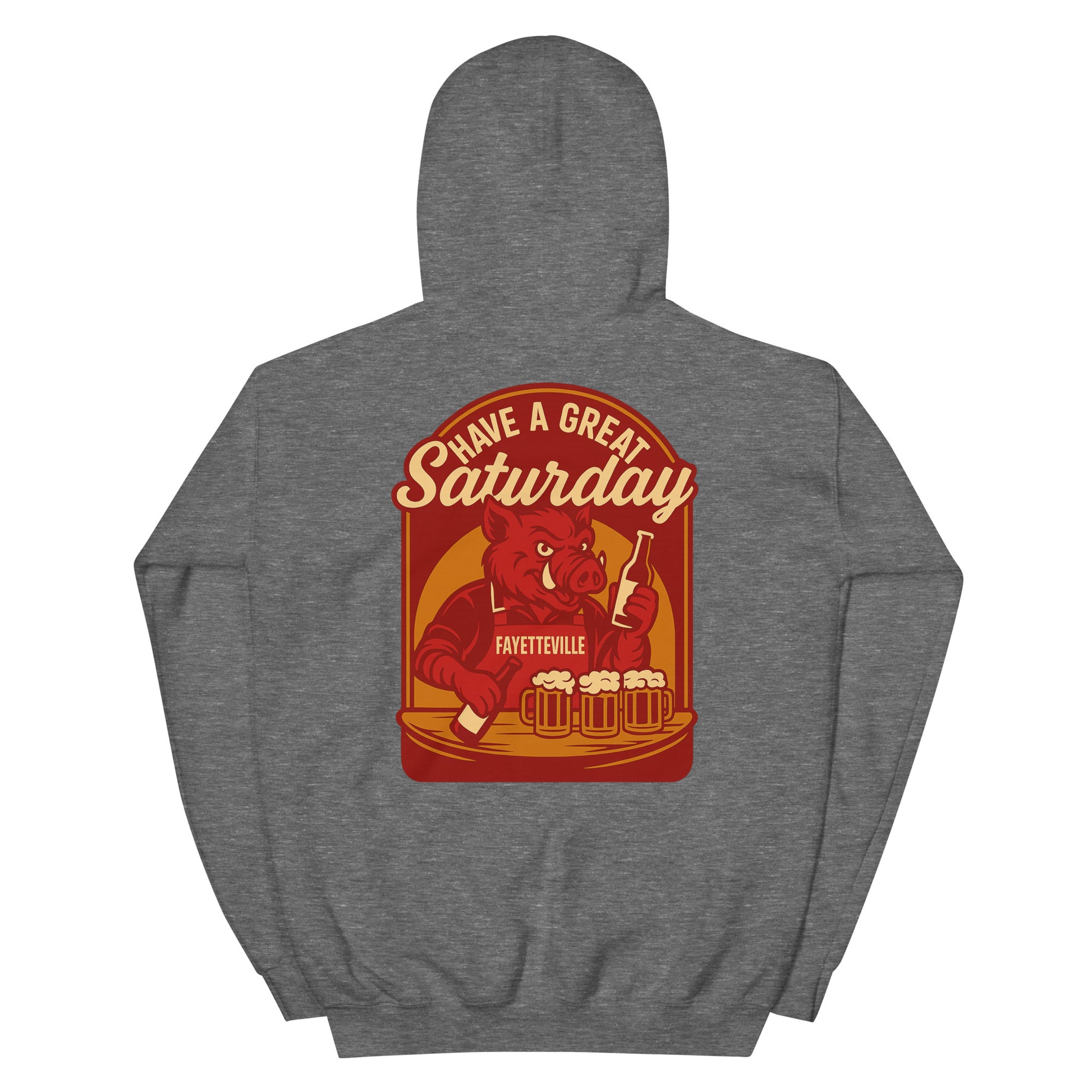 Back view of graphite heather HAGS Fayetteville Arkansas bartender hoodie, showing red "Have a Great Saturday" hog bartender graphic.