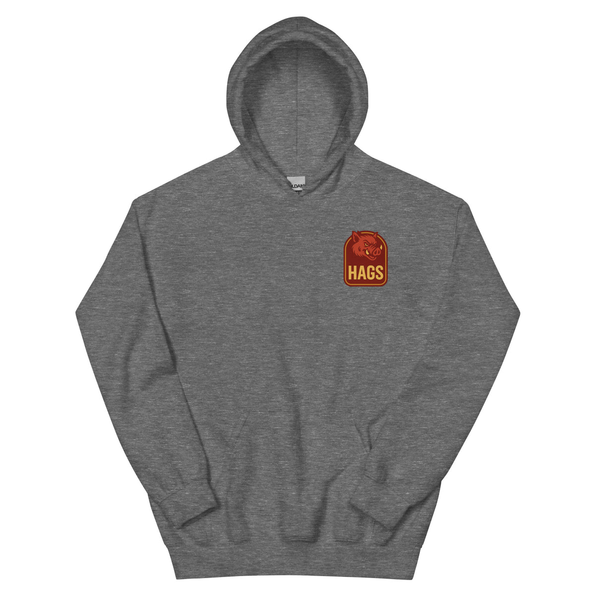 Front view of graphite heather HAGS Fayetteville Arkansas bartender hoodie, showing small HAGS chest graphic.