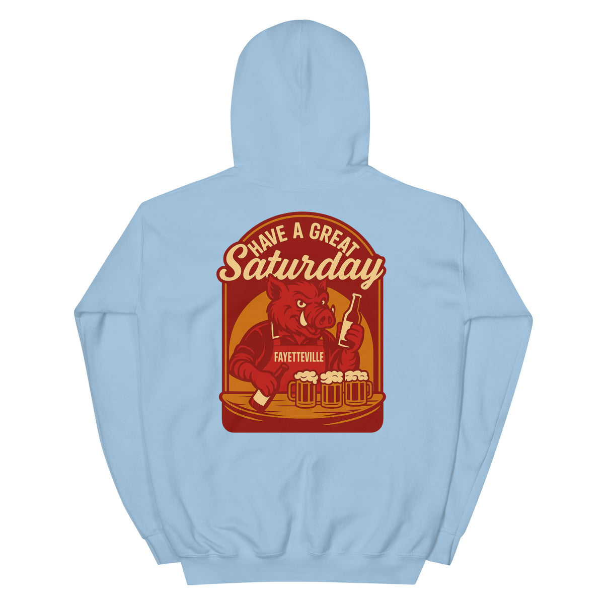 Back view of light blue HAGS Fayetteville Arkansas bartender hoodie, showing red "Have a Great Saturday" hog bartender graphic.
