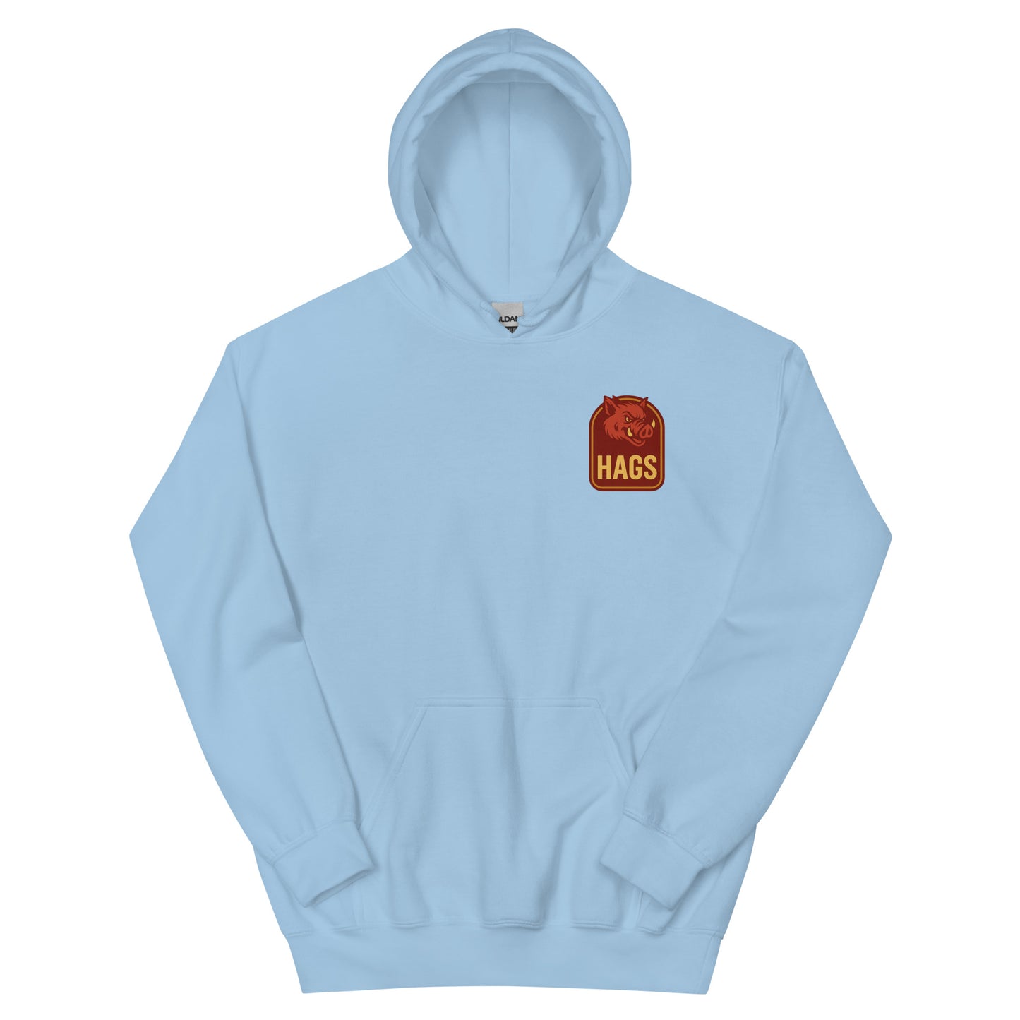 Front view of light blue HAGS Fayetteville Arkansas bartender hoodie, showing small HAGS chest graphic.