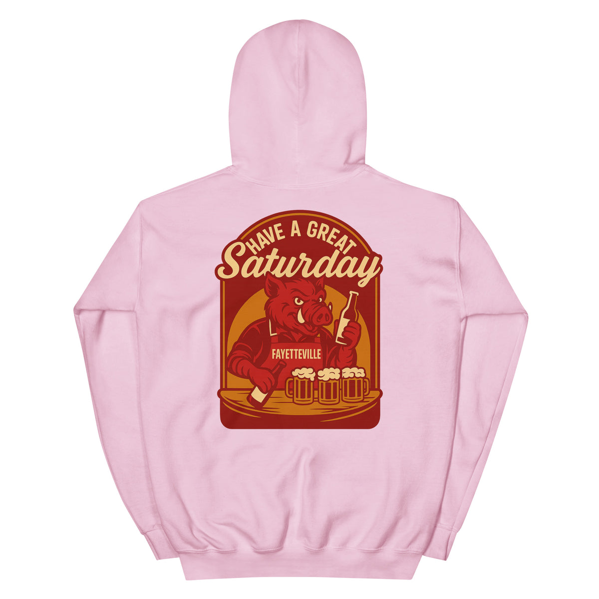 Back view of light pink HAGS Fayetteville Arkansas bartender hoodie, showing red "Have a Great Saturday" hog bartender graphic.