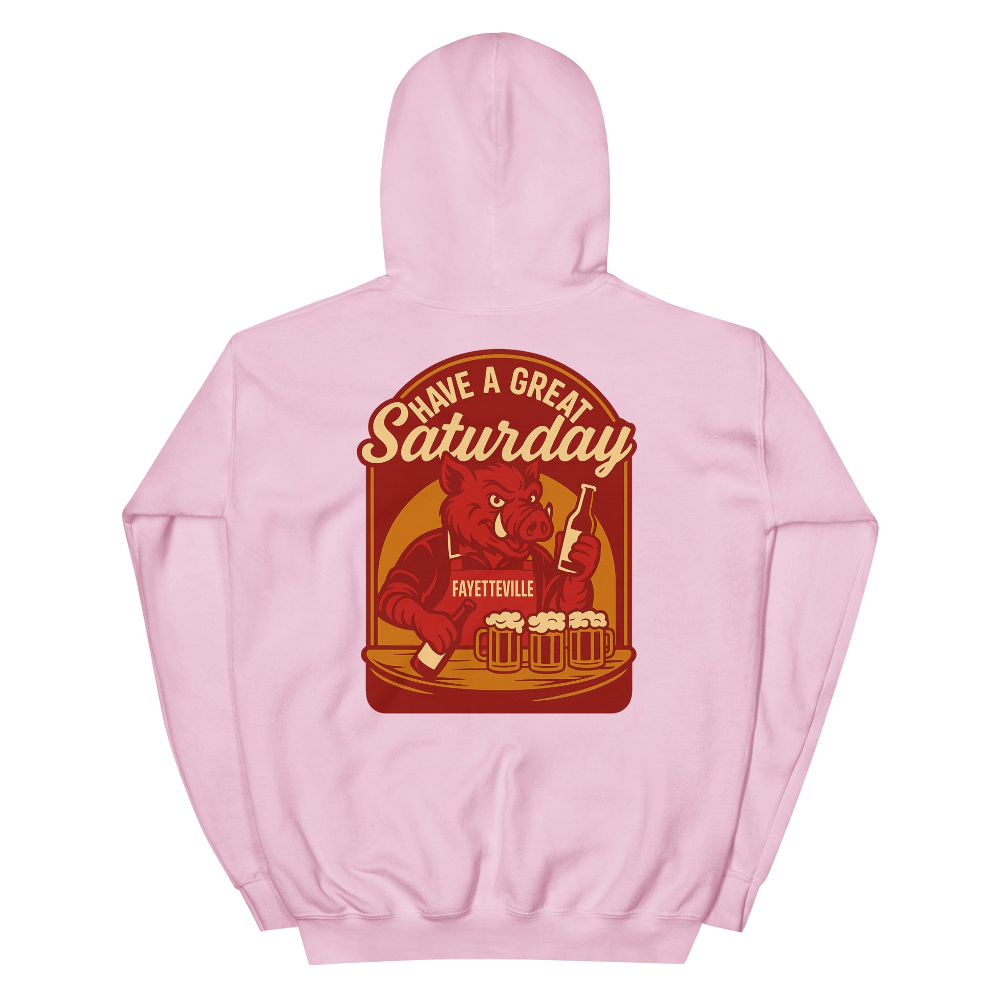Back view of light pink HAGS Fayetteville Arkansas bartender hoodie, showing red "Have a Great Saturday" hog bartender graphic.