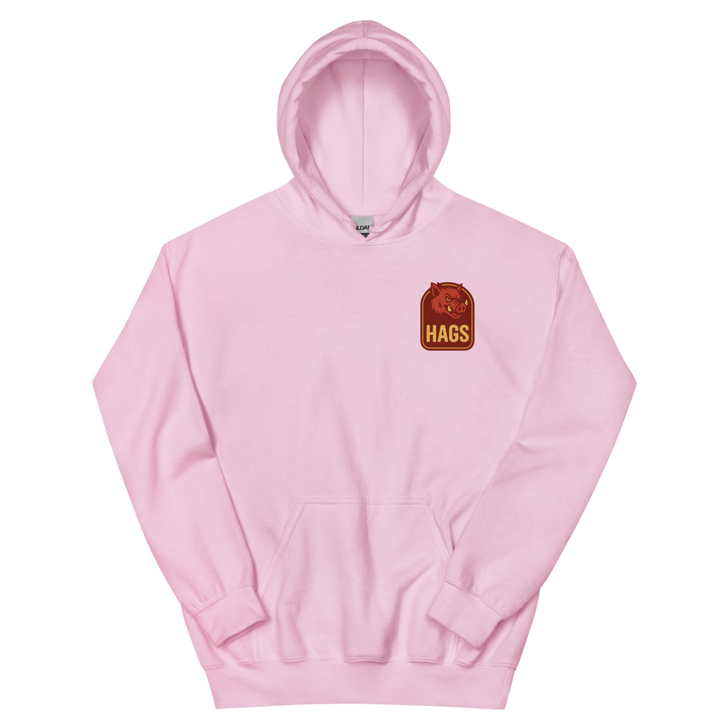 Front view of light pink HAGS Fayetteville Arkansas bartender hoodie, showing small HAGS chest graphic.