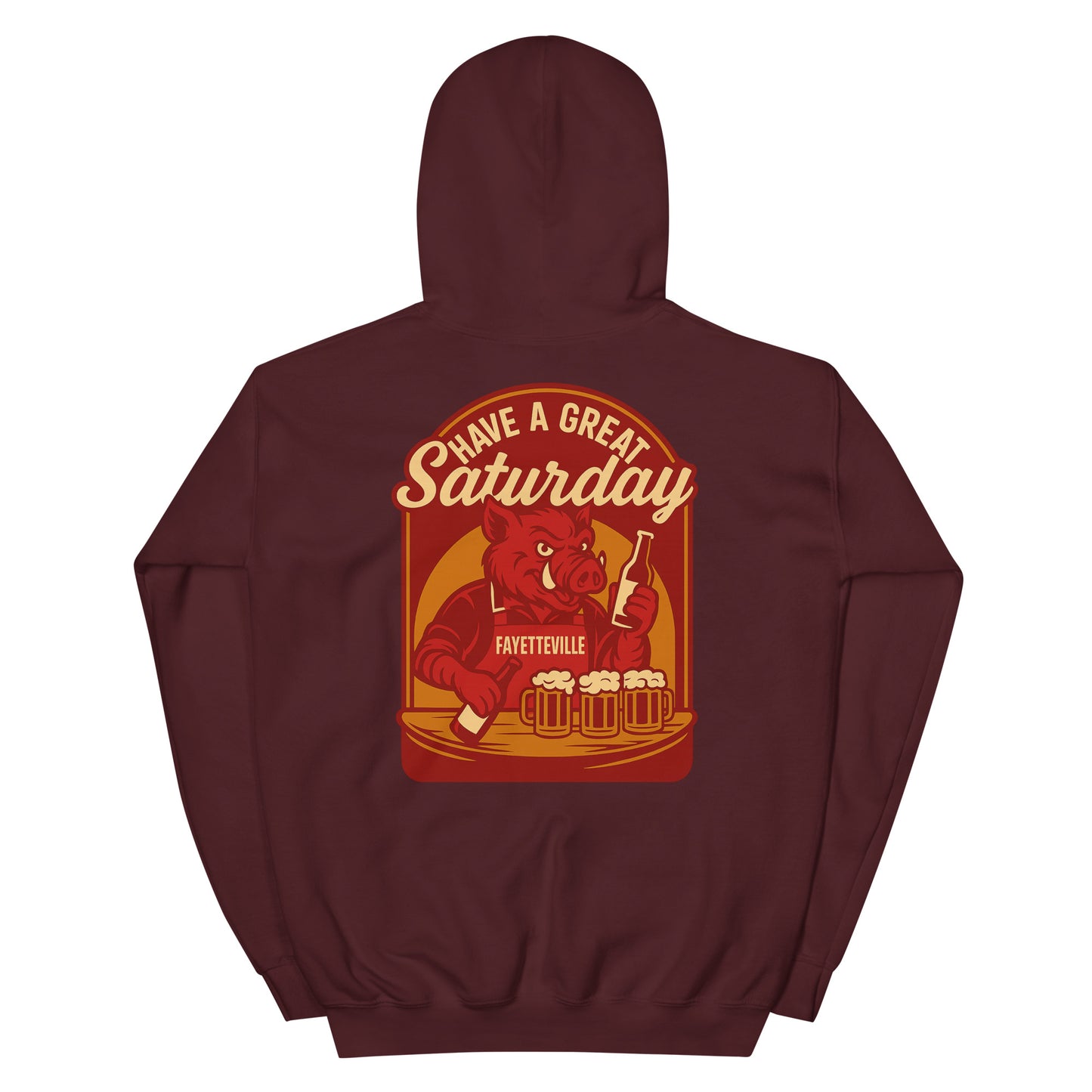 Back view of maroon HAGS Fayetteville Arkansas bartender hoodie, showing red "Have a Great Saturday" hog bartender graphic.