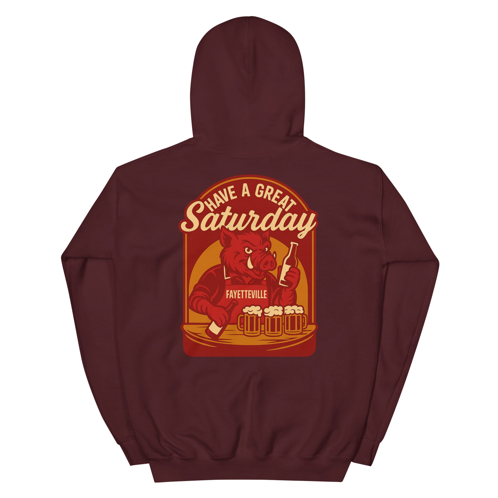 Back view of maroon HAGS Fayetteville Arkansas bartender hoodie, showing red "Have a Great Saturday" hog bartender graphic.