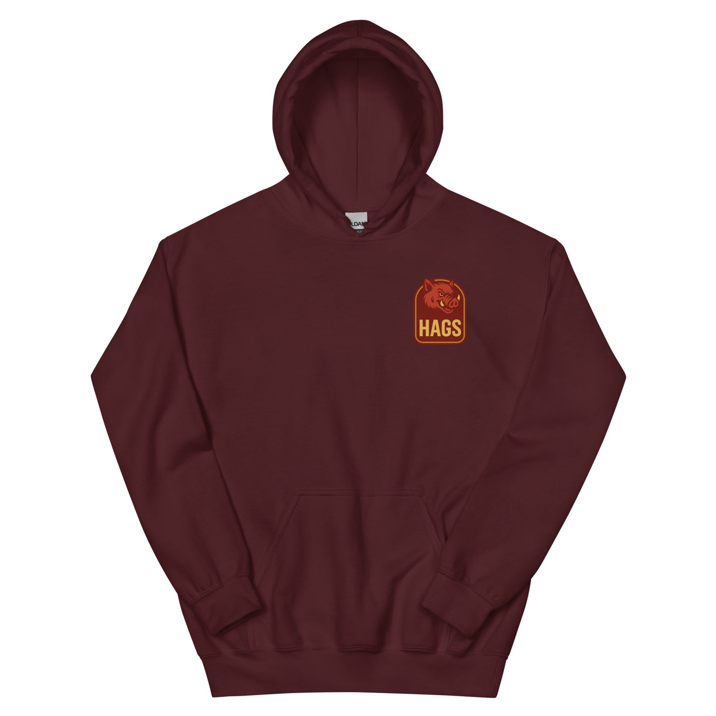 Front view of maroon HAGS Fayetteville Arkansas bartender hoodie, showing small HAGS chest graphic.