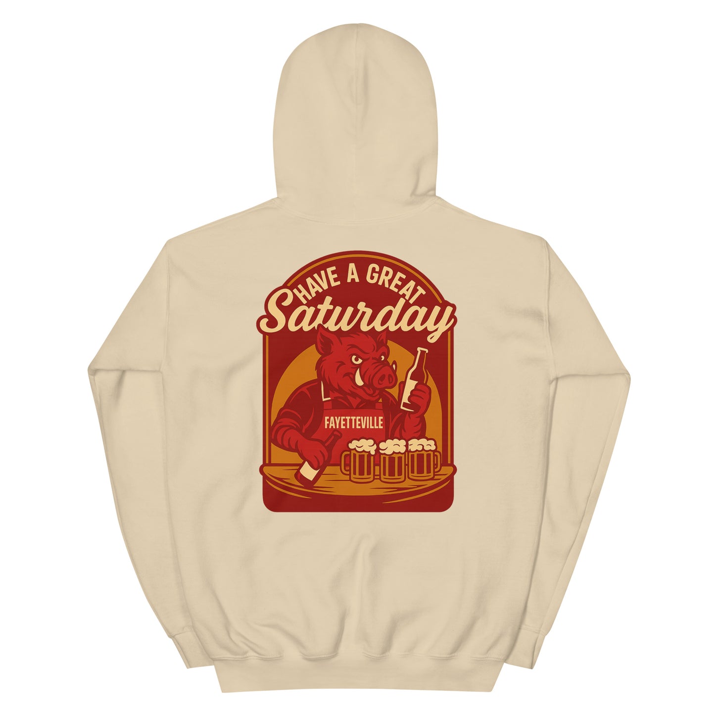 Back view of sand HAGS Fayetteville Arkansas bartender hoodie, showing red "Have a Great Saturday" hog bartender graphic.