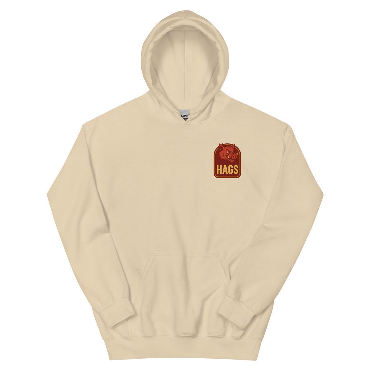 Front view of sand HAGS Fayetteville Arkansas bartender hoodie, showing small HAGS chest graphic.