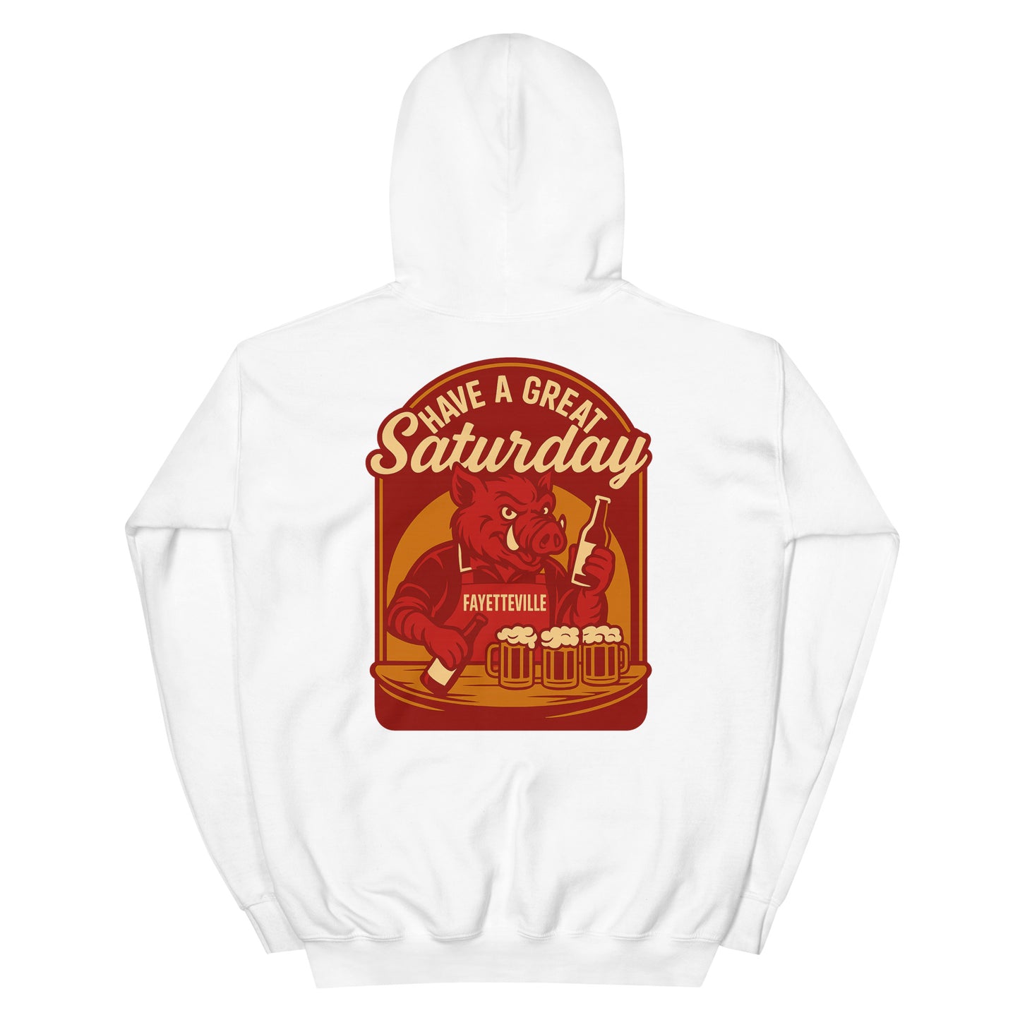 Back view of white HAGS Fayetteville Arkansas bartender hoodie, showing red "Have a Great Saturday" hog bartender graphic.