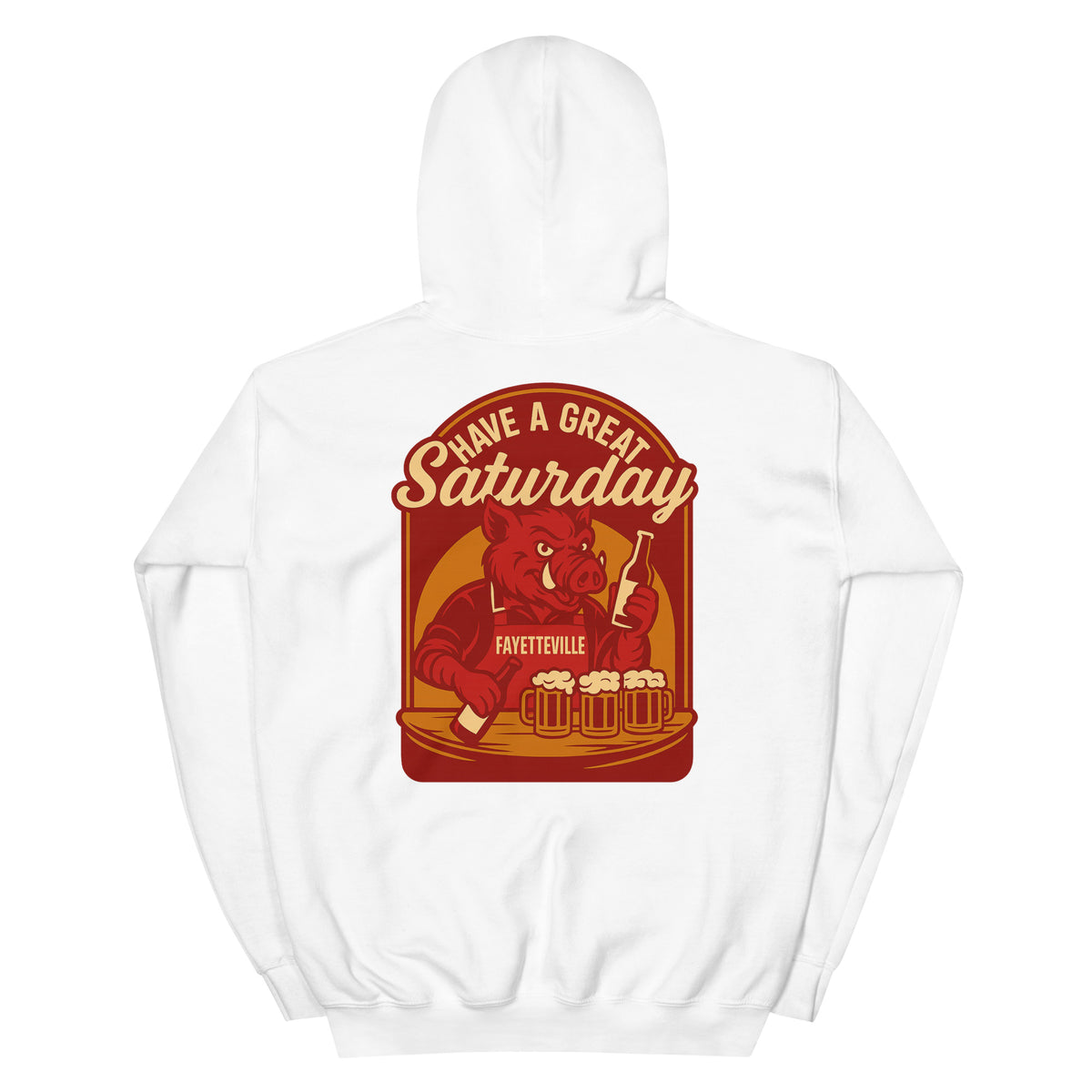 Back view of white HAGS Fayetteville Arkansas bartender hoodie, showing red "Have a Great Saturday" hog bartender graphic.