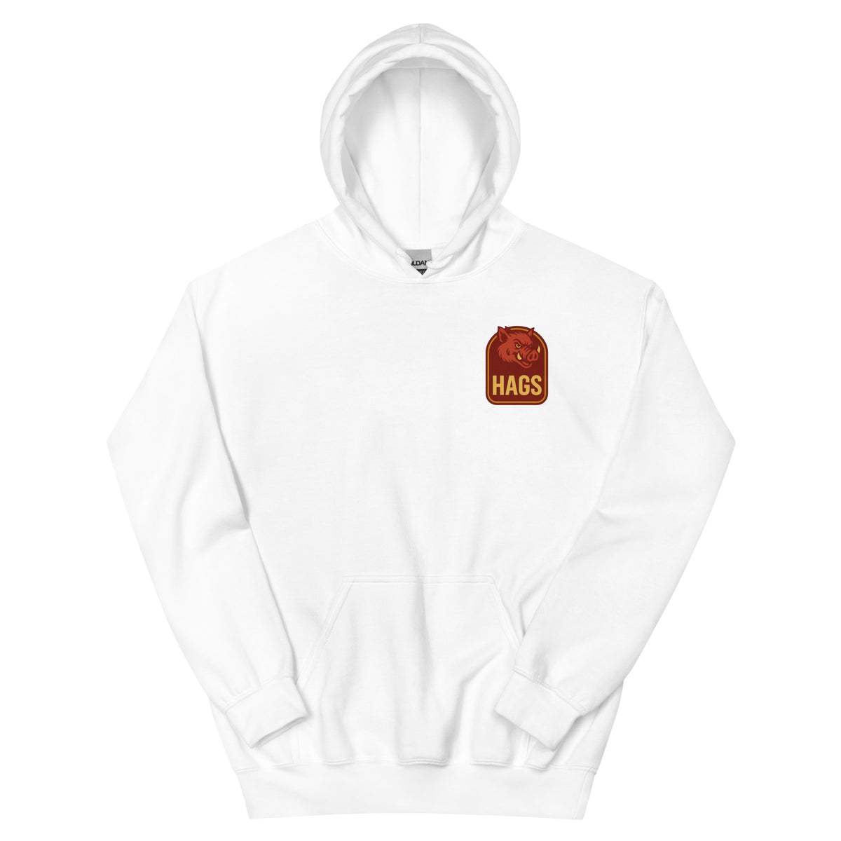 Front view of white HAGS Fayetteville Arkansas bartender hoodie, showing small HAGS chest graphic.