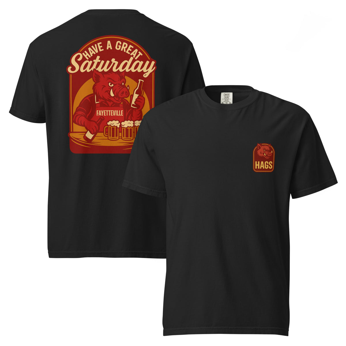 Front and back views of black HAGS Fayetteville Arkansas bartender T-shirt, showing small HAGS chest graphic and red "Have a Great Saturday" hog bartender graphic.