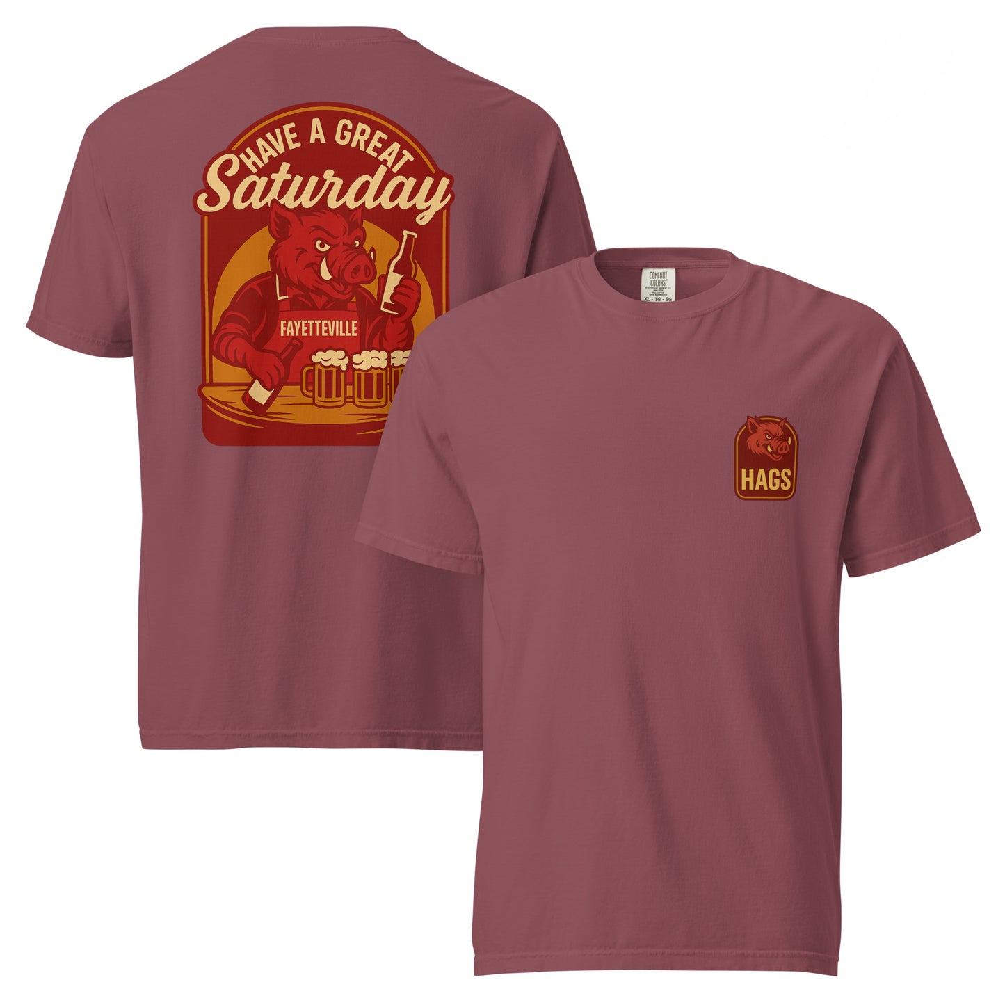 Front and back views of brick HAGS Fayetteville Arkansas bartender T-shirt, showing small HAGS chest graphic and red "Have a Great Saturday" hog bartender graphic.