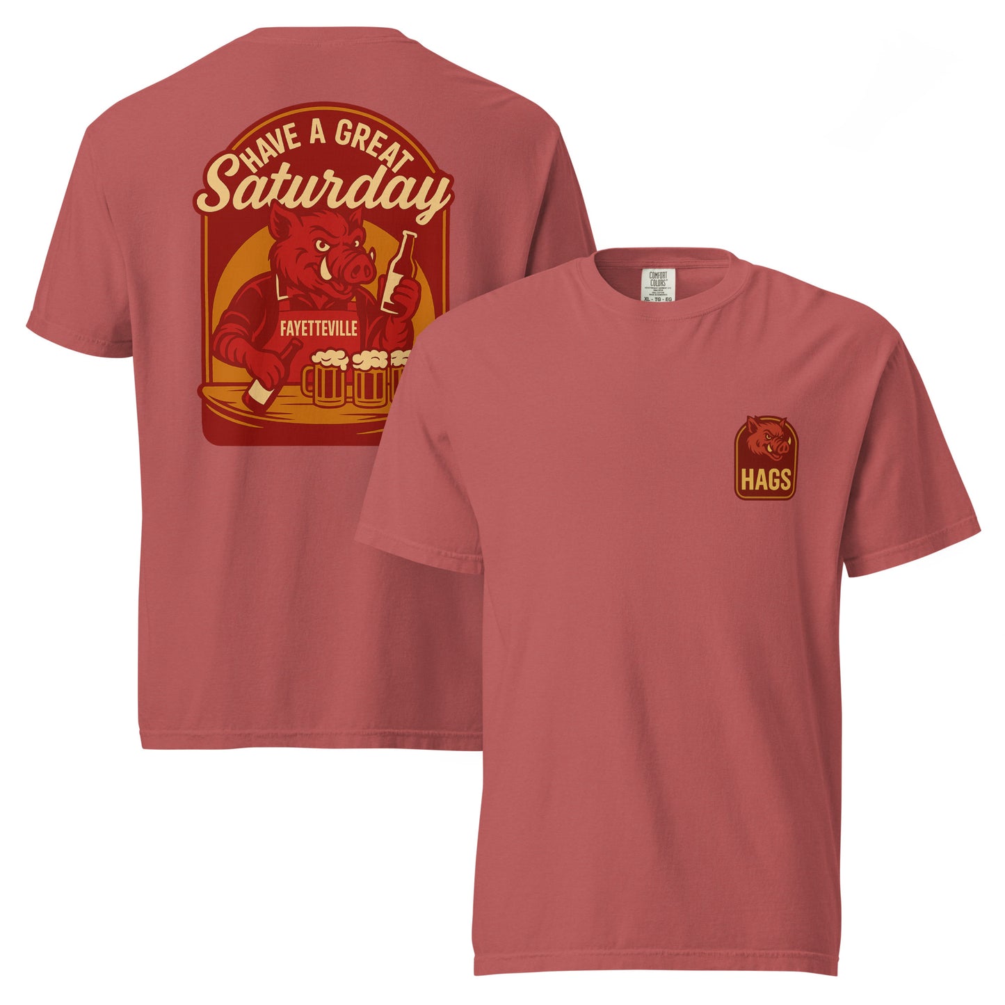 Front and back views of crimson HAGS Fayetteville Arkansas bartender T-shirt, showing small HAGS chest graphic and red "Have a Great Saturday" hog bartender graphic.
