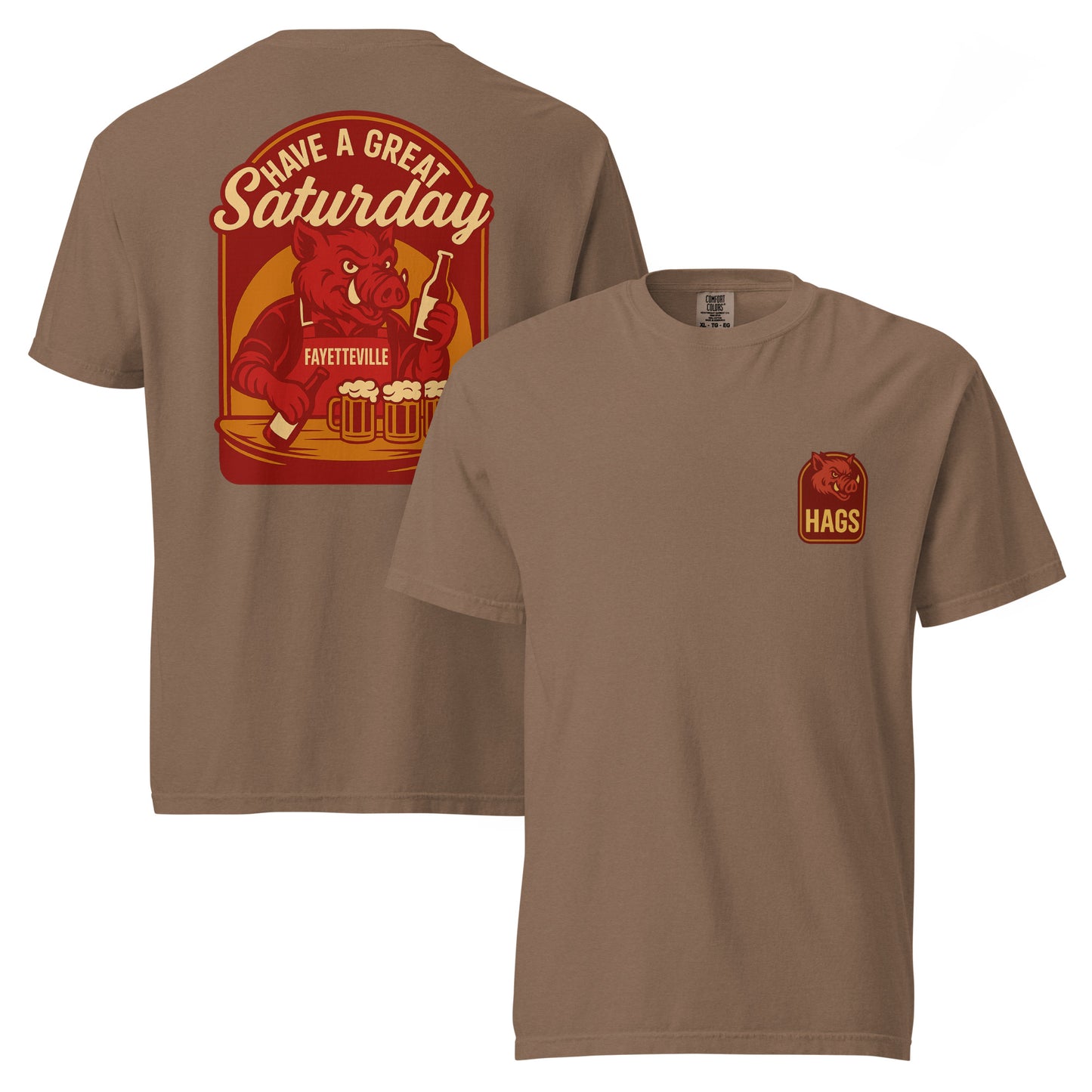 Front and back views of espresso HAGS Fayetteville Arkansas bartender T-shirt, showing small HAGS chest graphic and red "Have a Great Saturday" hog bartender graphic.