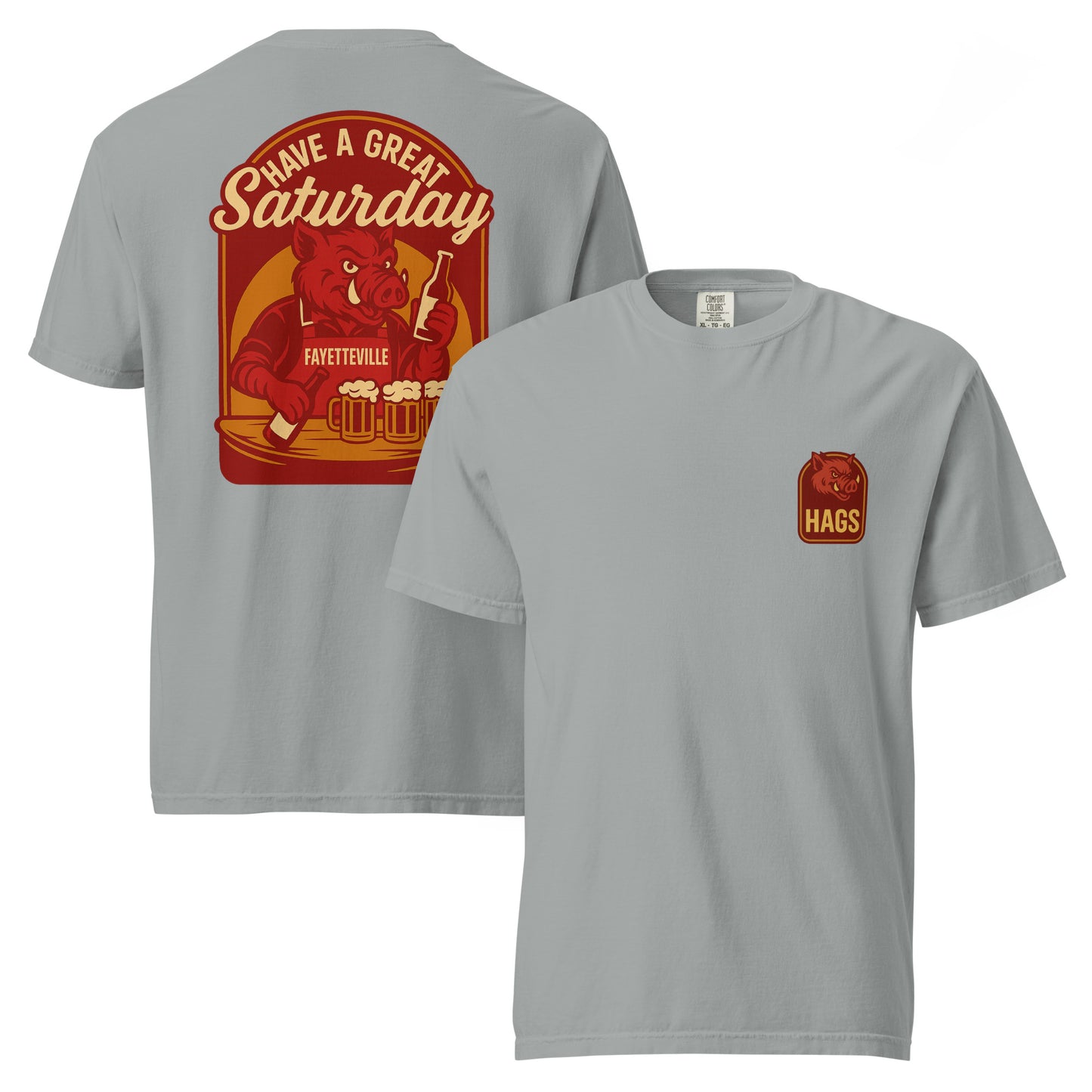 Front and back views of granite HAGS Fayetteville Arkansas bartender T-shirt, showing small HAGS chest graphic and red "Have a Great Saturday" hog bartender graphic.