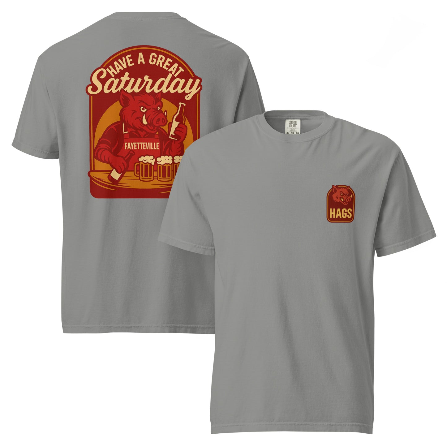 Front and back views of grey HAGS Fayetteville Arkansas bartender T-shirt, showing small HAGS chest graphic and red "Have a Great Saturday" hog bartender graphic.