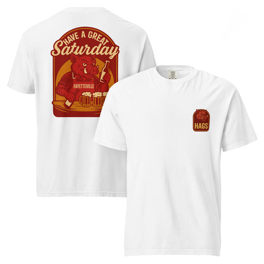 Front and back views of white HAGS Fayetteville Arkansas bartender T-shirt, showing small HAGS chest graphic and red "Have a Great Saturday" hog bartender graphic.