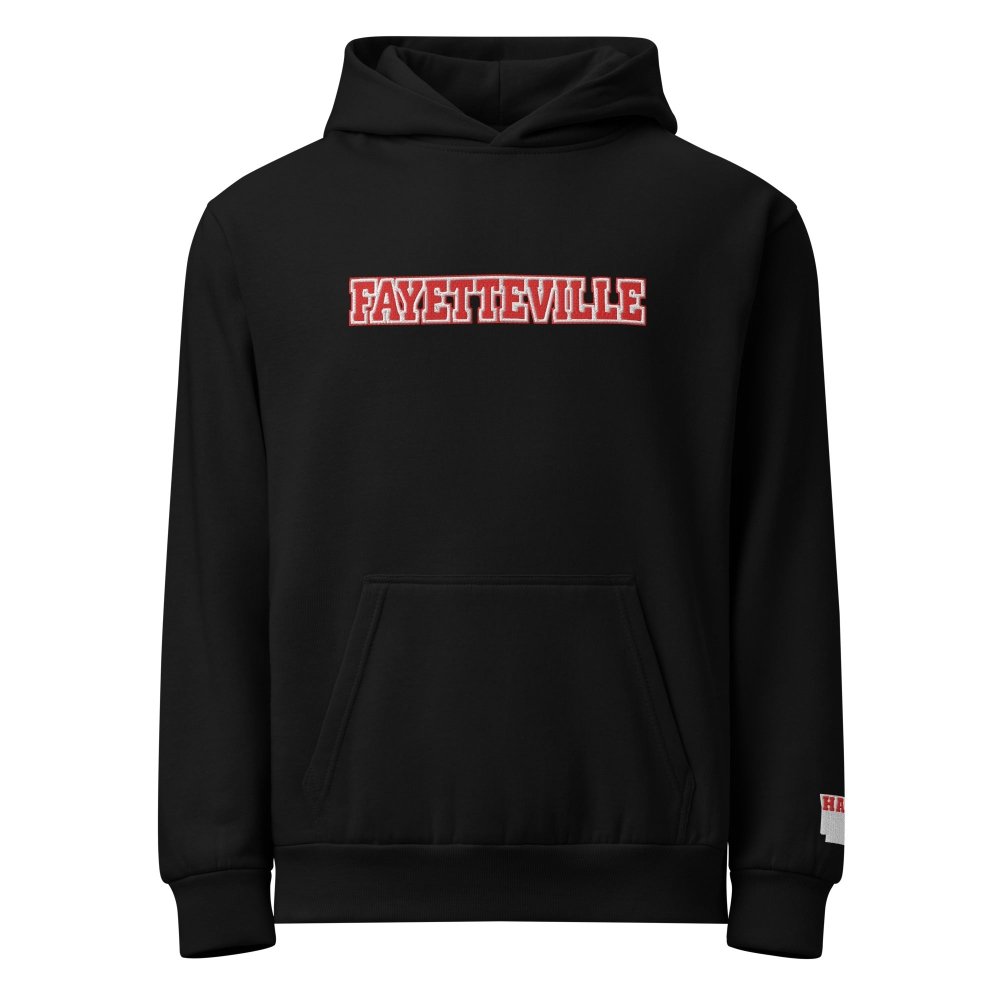 Front view of black HAGS Fayetteville Arkansas embroidered hoodie, showing red FAYETTEVILLE chest lettering.