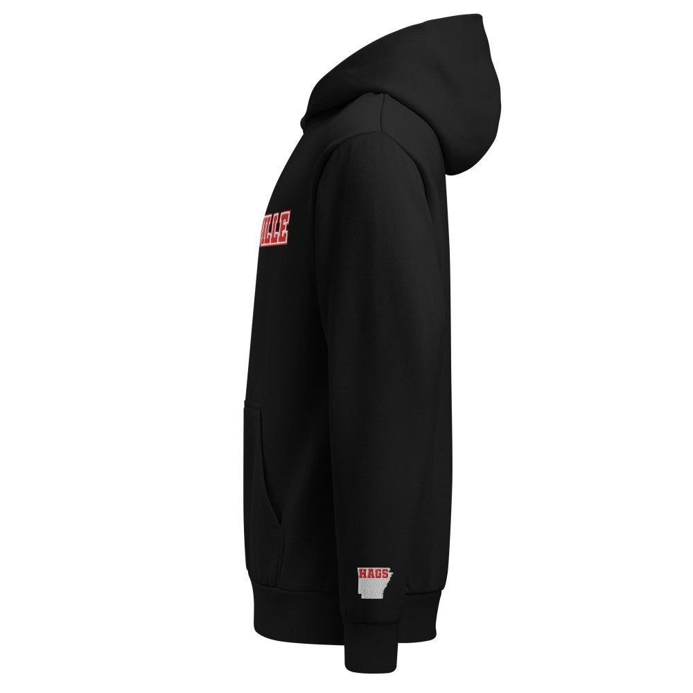 Left-side view of black HAGS Fayetteville Arkansas embroidered hoodie.