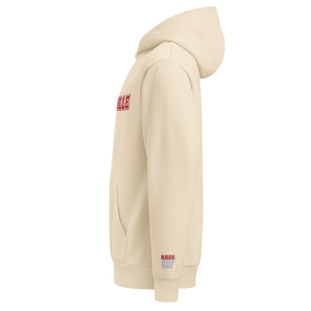 Left-side view of ivory HAGS Fayetteville Arkansas embroidered hoodie.