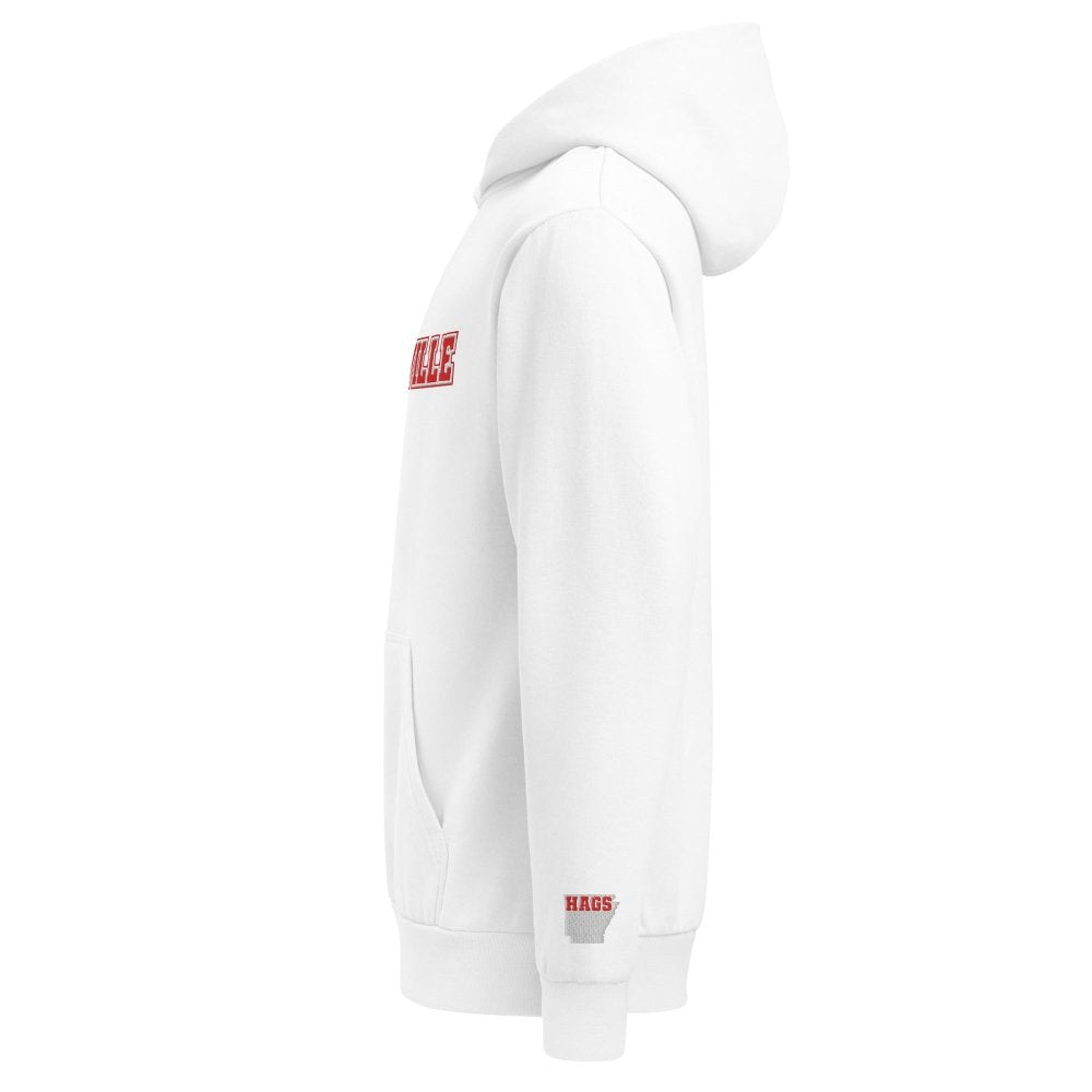 Left-side view of white HAGS Fayetteville Arkansas embroidered hoodie.