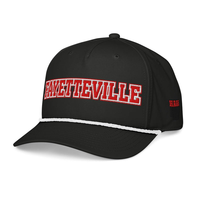 Angled front view of black HAGS Fayetteville Arkansas rope hat, showing red FAYETTEVILLE lettering and contrasting rope.