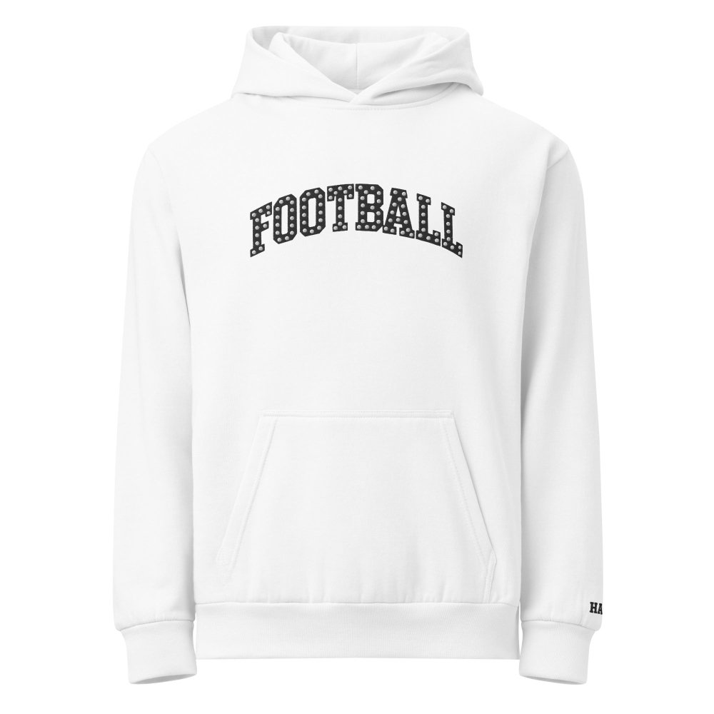 Front view of white HAGS Football polka dot hoodie, showing black polka-dot FOOTBALL lettering.