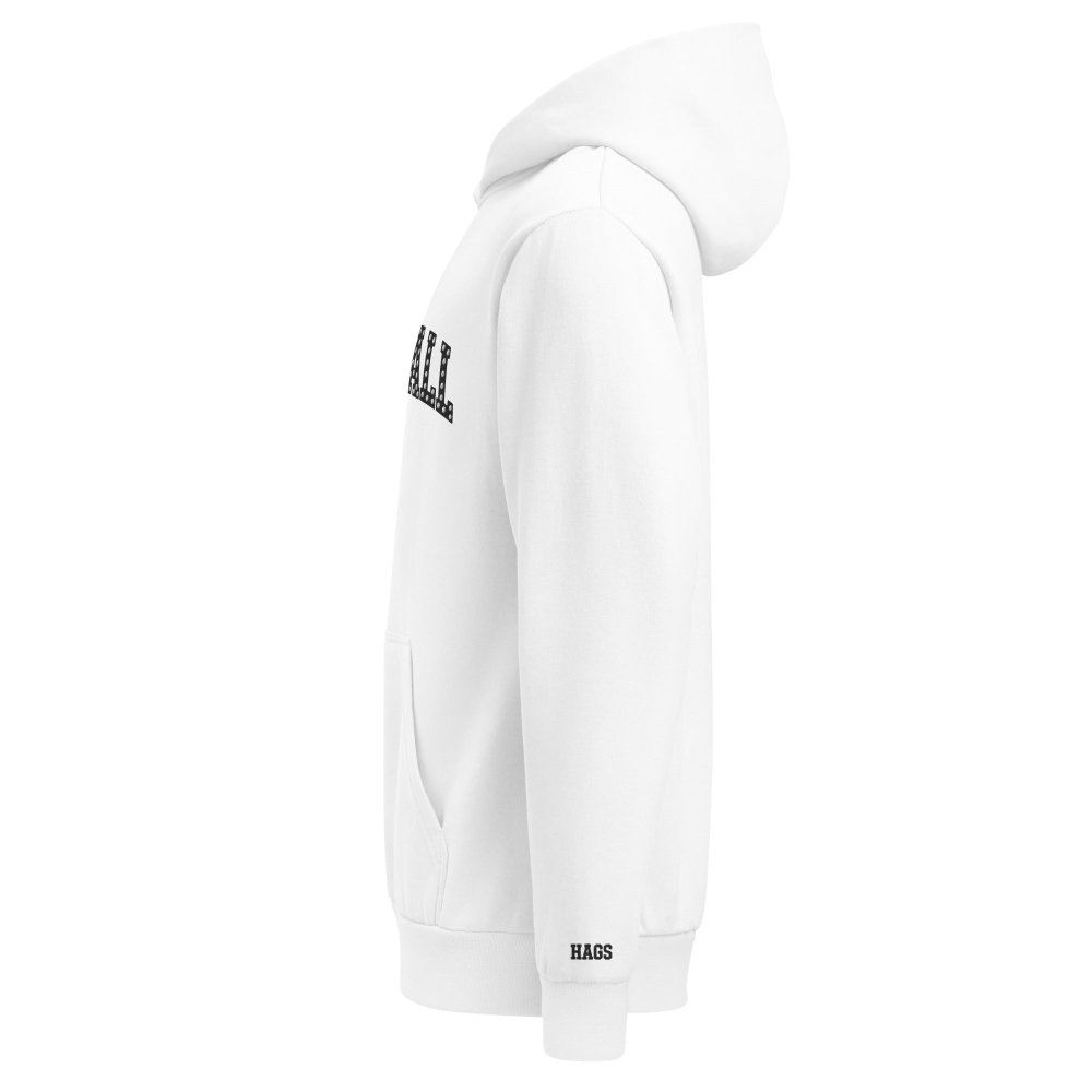 Left-side view of white HAGS Football polka dot hoodie.