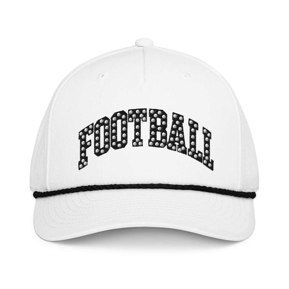 Front view of white HAGS Football polka dot rope hat, showing black polka-dot FOOTBALL lettering and contrasting rope.