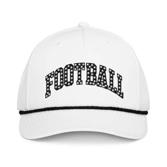 Front view of white HAGS Football polka dot rope hat, showing black polka-dot FOOTBALL lettering and contrasting rope.