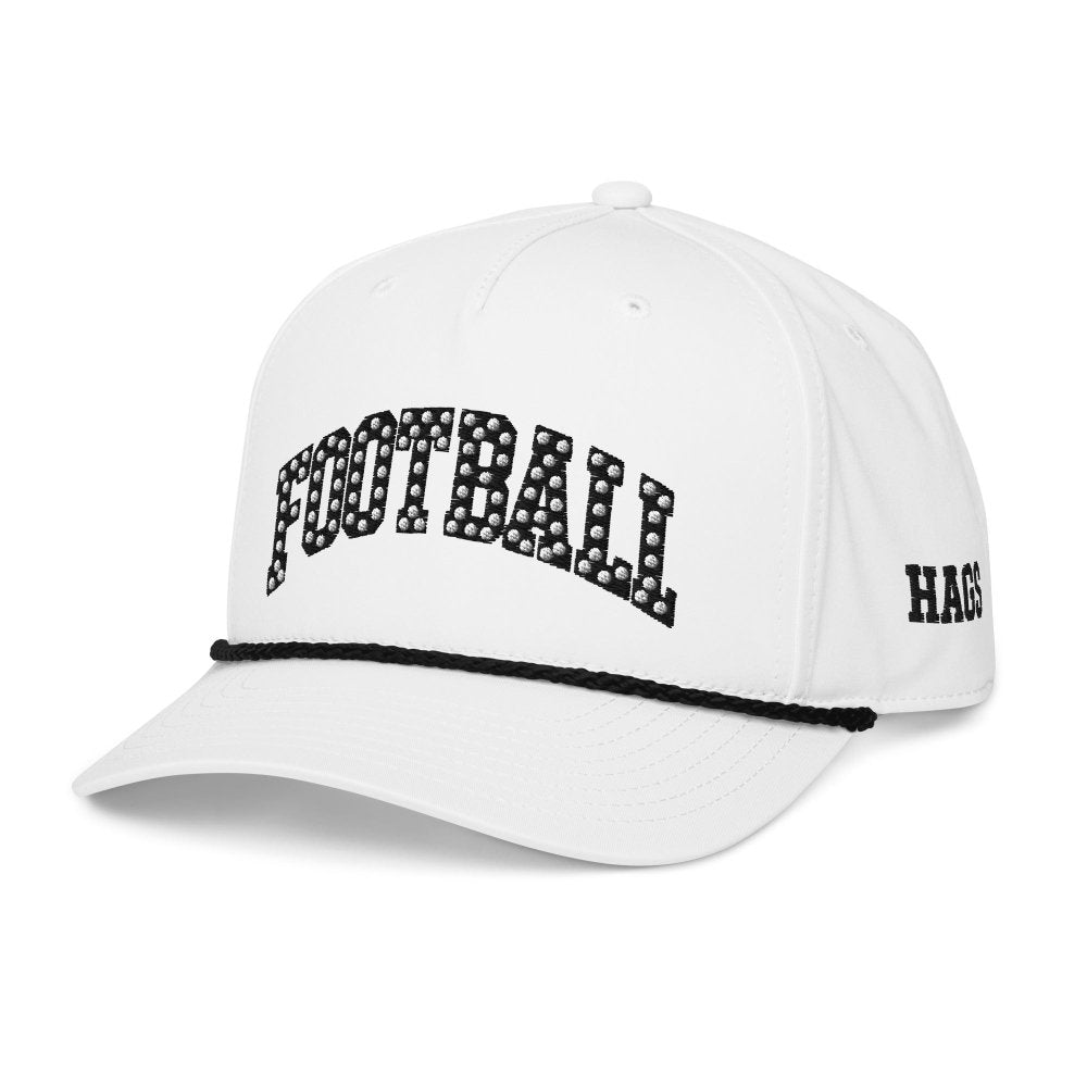 Angled front view of white HAGS Football polka dot rope hat, showing black polka-dot FOOTBALL lettering and contrasting rope.