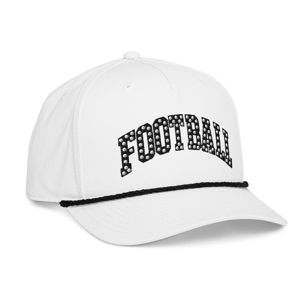 Opposite angled front view of white HAGS Football polka dot rope hat, showing black polka-dot FOOTBALL lettering and contrasting rope.