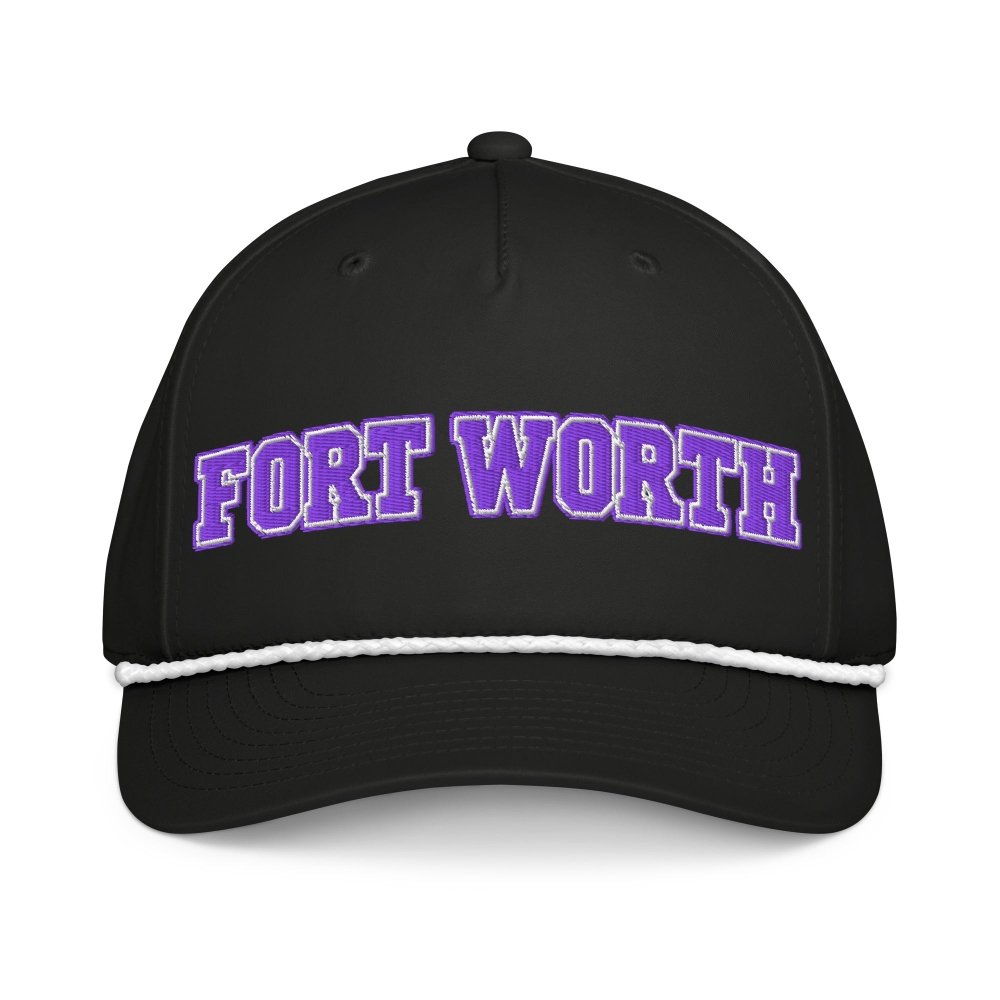 Front view of black HAGS Fort Worth Texas rope hat, showing purple FORT WORTH lettering and contrasting rope.