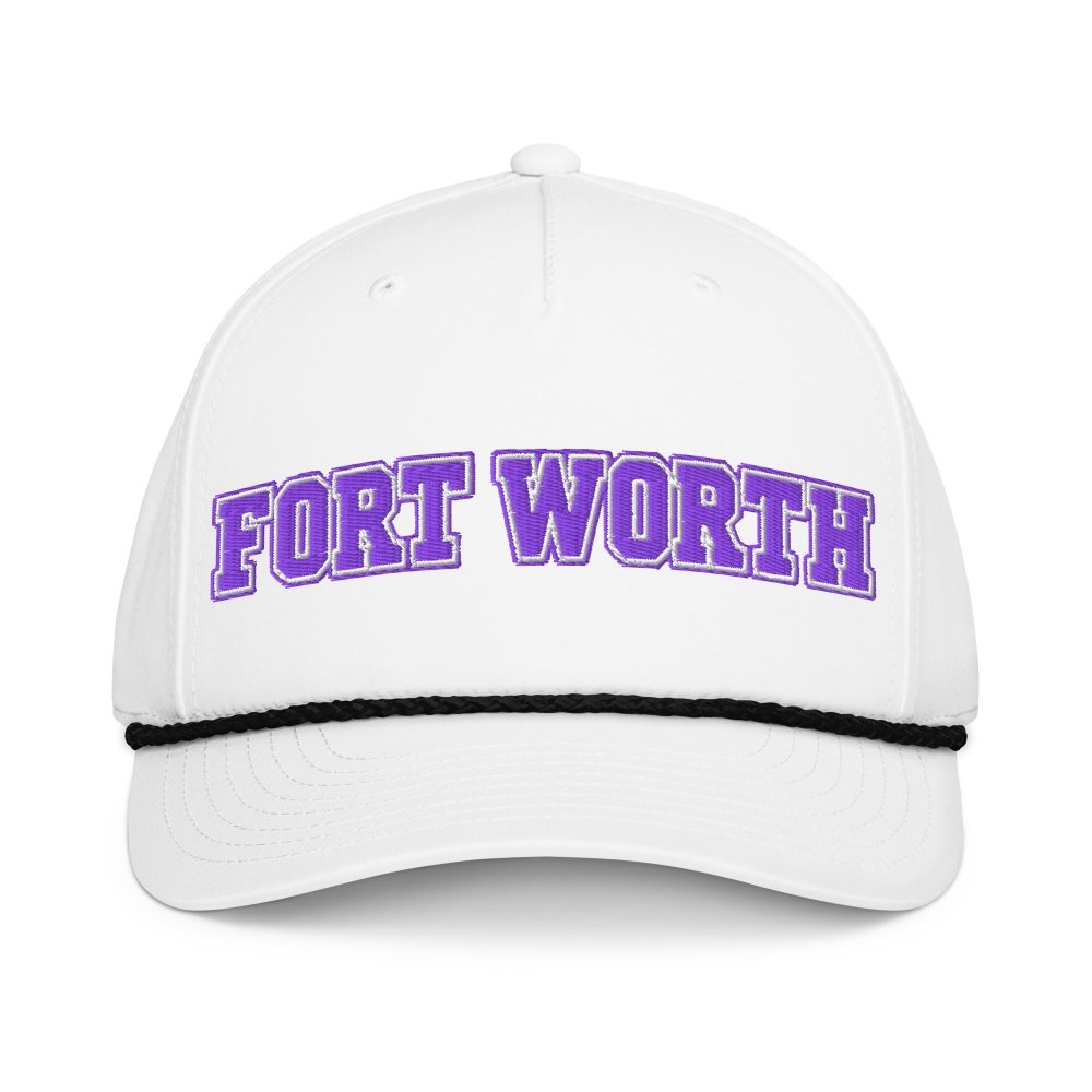 Front view of white HAGS Fort Worth Texas rope hat, showing purple FORT WORTH lettering and contrasting rope.